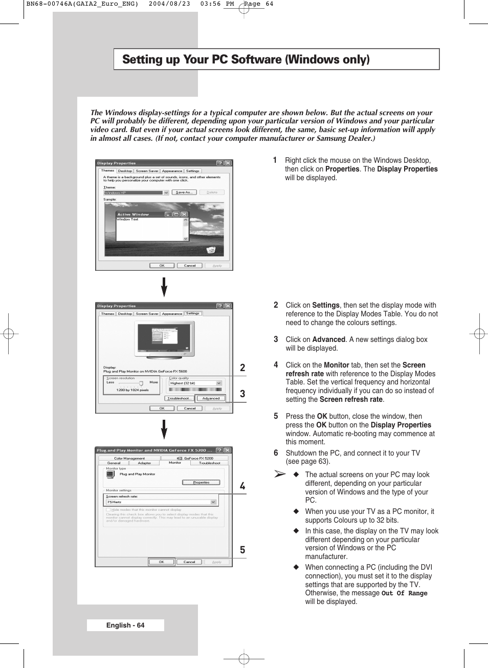 Setting up your pc software (windows only) | Samsung LW-46G15 W User Manual | Page 64 / 72