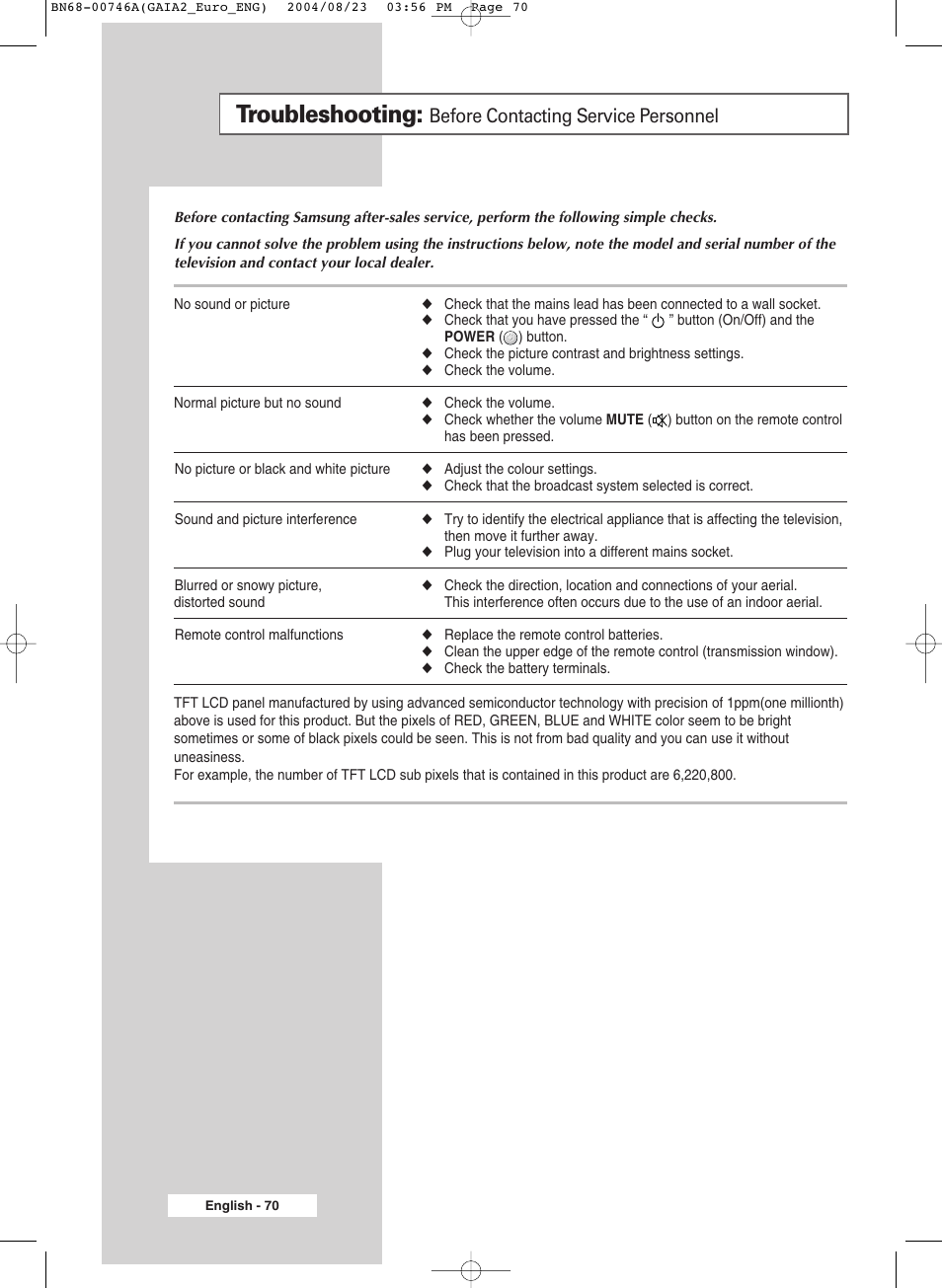 Troubleshooting, Before contacting service personnel | Samsung LW-46G15 W User Manual | Page 70 / 72