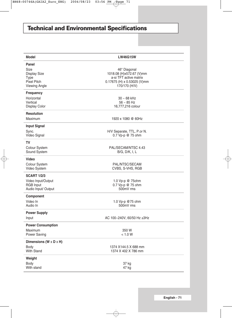 Technical and environmental specifications | Samsung LW-46G15 W User Manual | Page 71 / 72