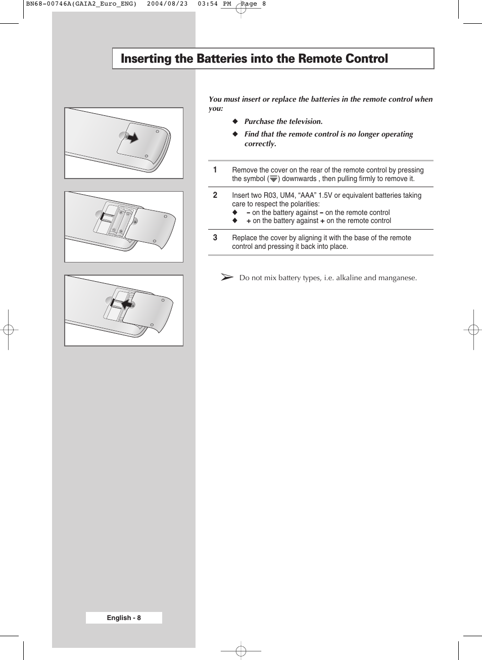 Inserting the batteries into the remote control | Samsung LW-46G15 W User Manual | Page 8 / 72