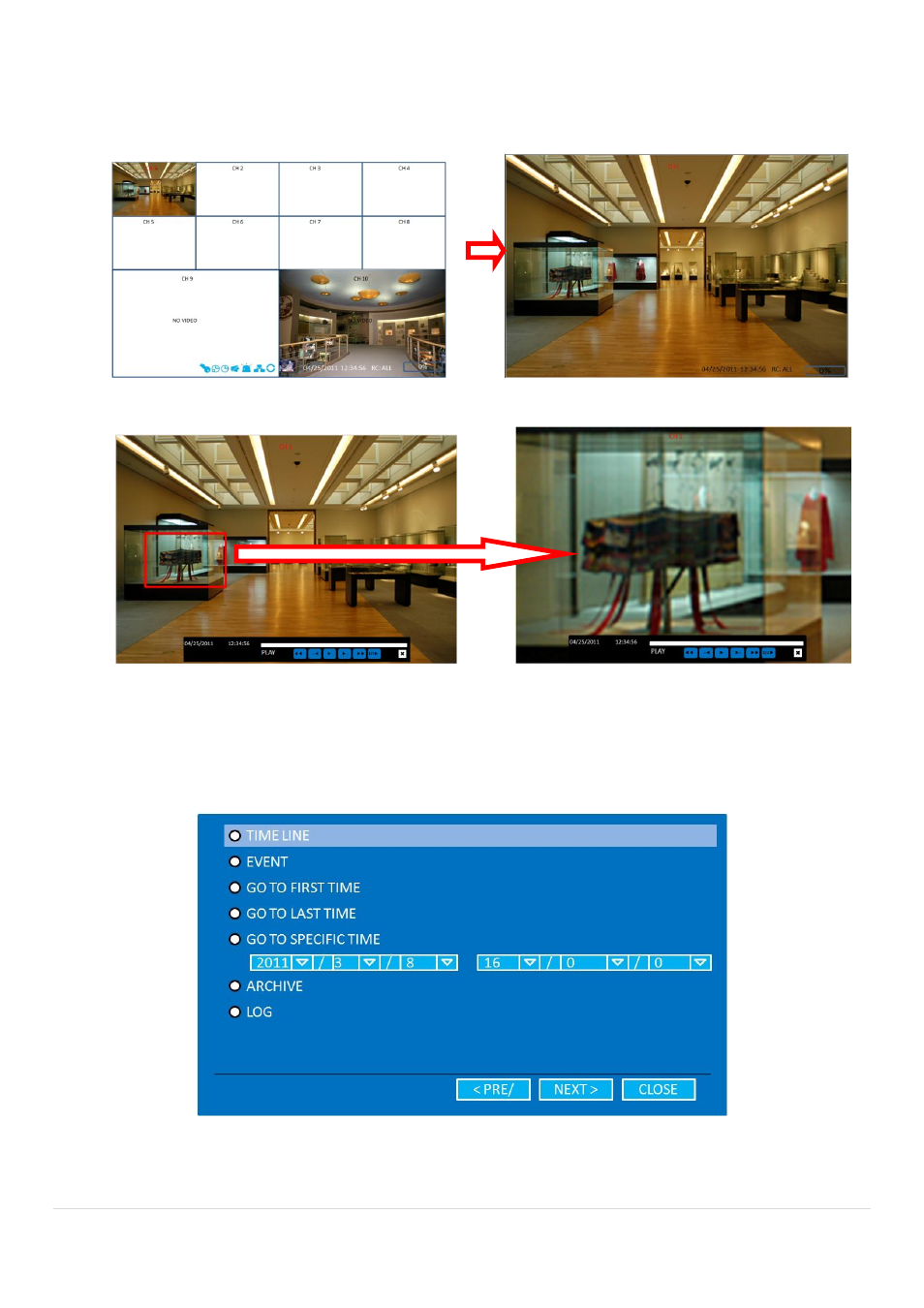 2. digital zoom in live and playback screen, 3. search screen | Speco Technologies 2 Channel HDcctv + 8 Channel Full D1 Digital Video Recorder DVR82HD User Manual | Page 49 / 99