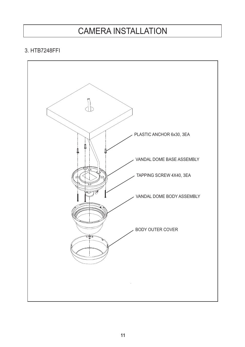 Camera installation | Speco Technologies Focus Free Weatherproof Color Dome Camera HTD8FFI/HTB11FFI/HT7248FFI User Manual | Page 12 / 36