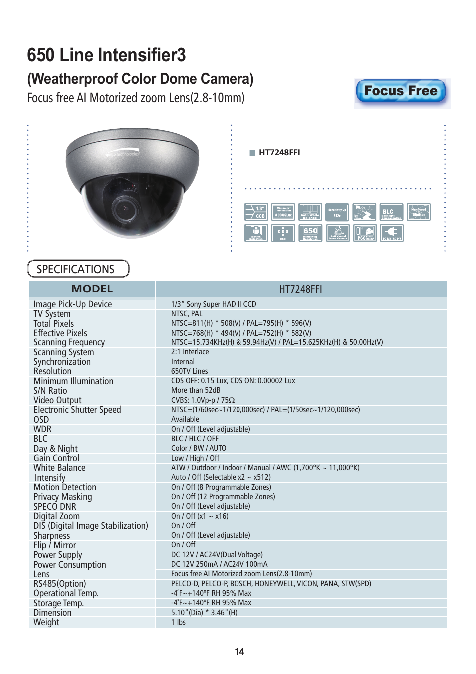 650 line intensifier3, Weatherproof color dome camera), Focus free ai motorized zoom lens(2.8-10mm) | Focus free | Speco Technologies Focus Free Weatherproof Color Dome Camera HTD8FFI/HTB11FFI/HT7248FFI User Manual | Page 15 / 36