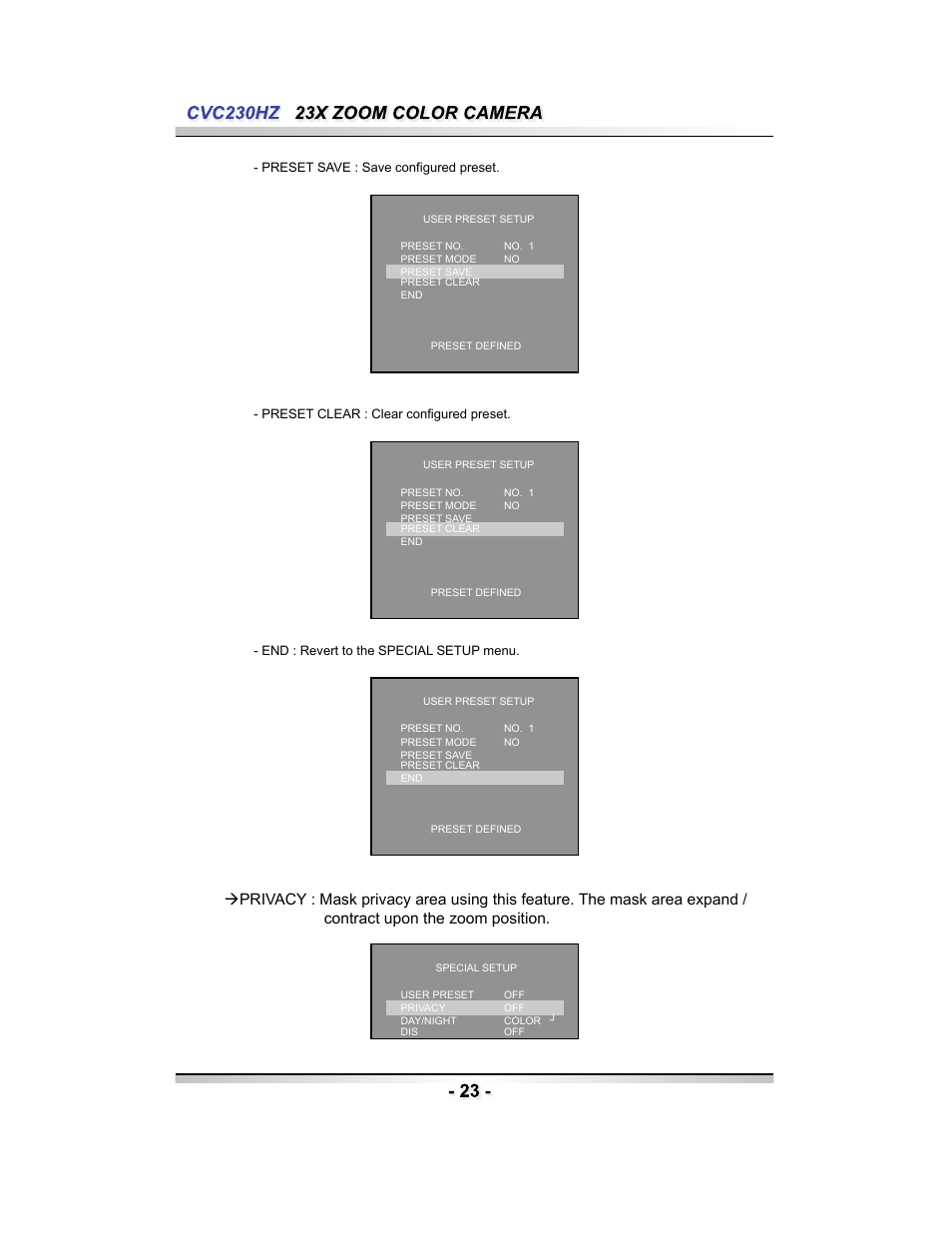 Speco Technologies CVC230HZ User Manual | Page 23 / 28