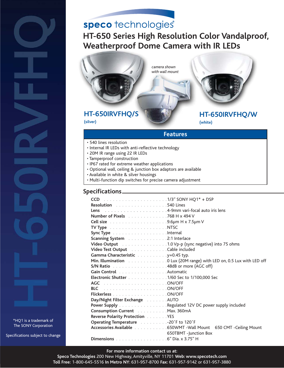 Speco Technologies HT-650IRVFHQ/S User Manual | 1 page