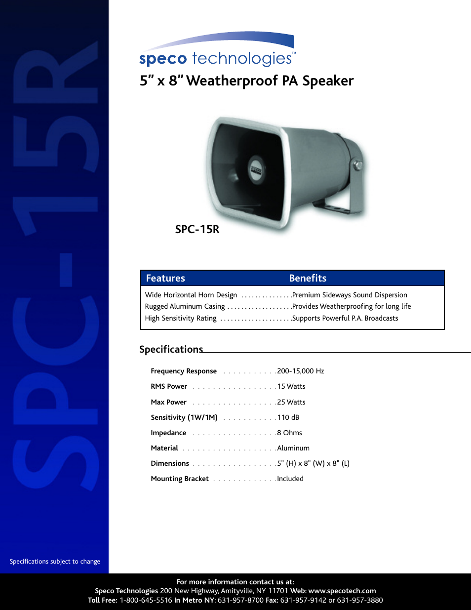 Speco Technologies SPC-15R User Manual | 1 page