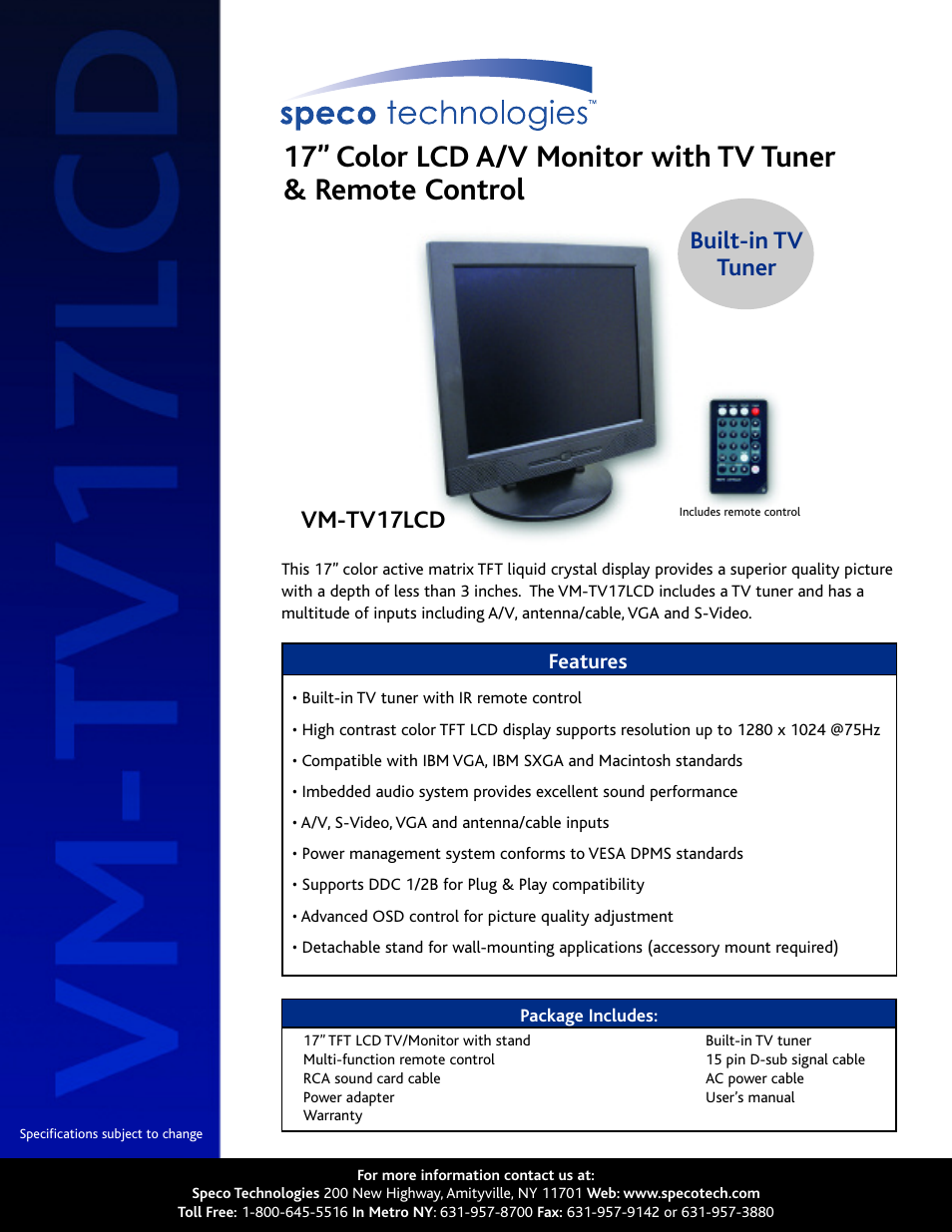 Speco Technologies VM-TV17LCD User Manual | 2 pages