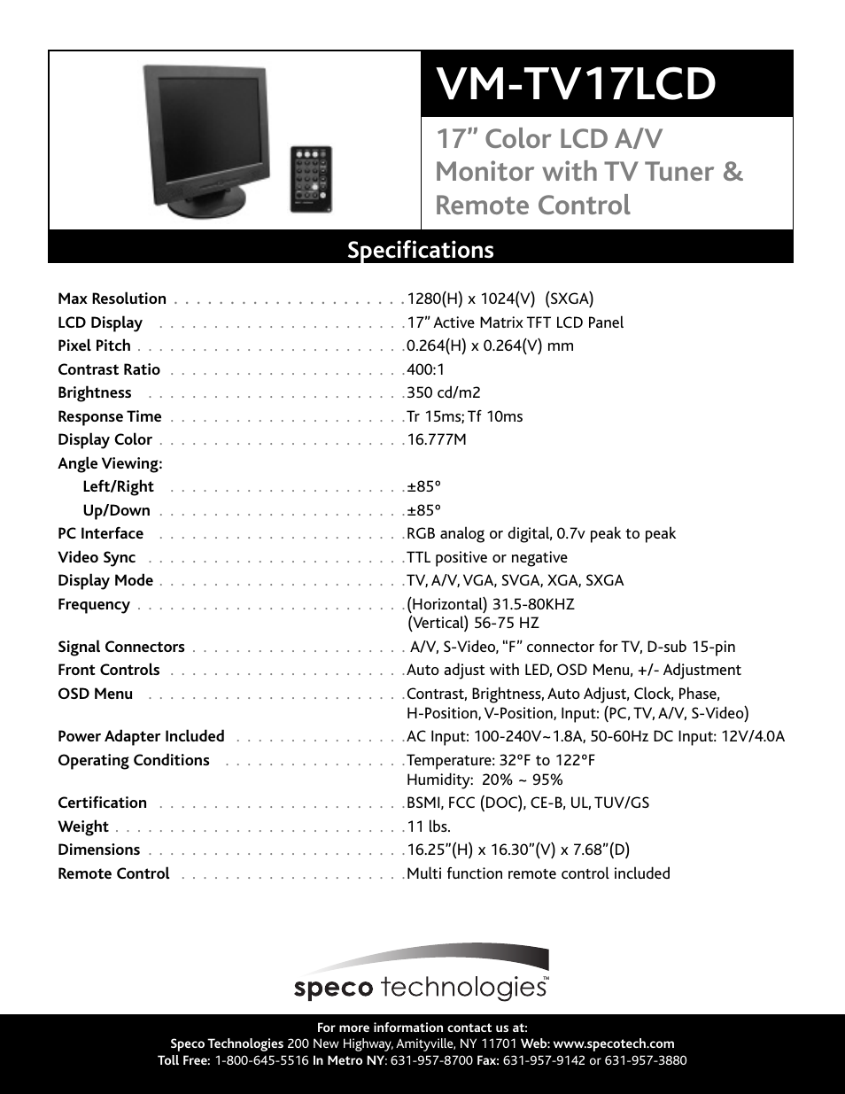 Vm-tv17lcd, Specifications | Speco Technologies VM-TV17LCD User Manual | Page 2 / 2