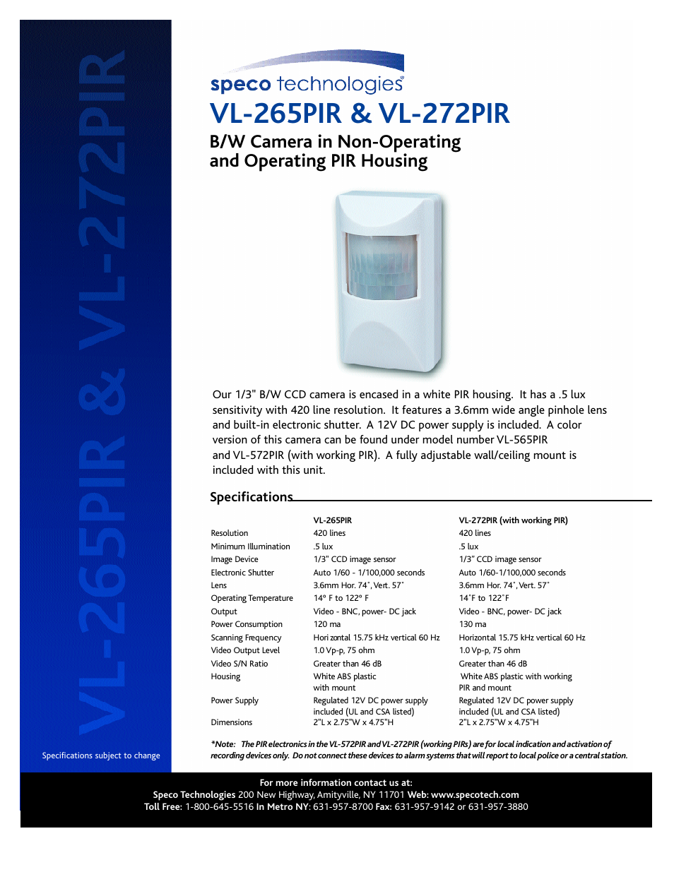 Speco Technologies VL-265PIR User Manual | 1 page