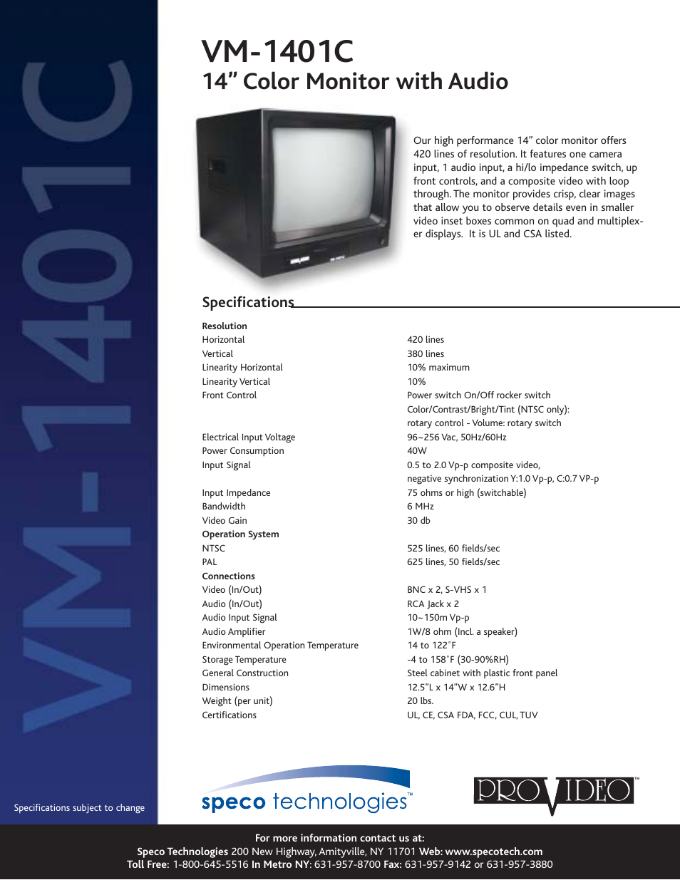 Speco Technologies VM-1401C User Manual | 1 page
