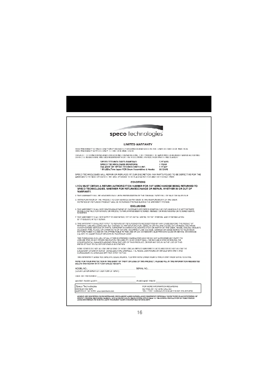 Warranty | Speco Technologies HTD8SCS User Manual | Page 18 / 20