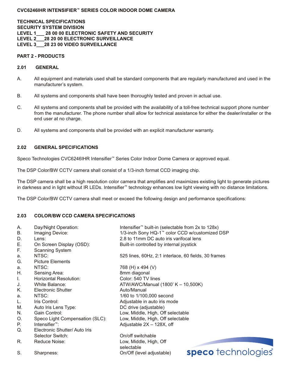 Speco Technologies INTENSIFIER CVC6246IHR User Manual | 2 pages