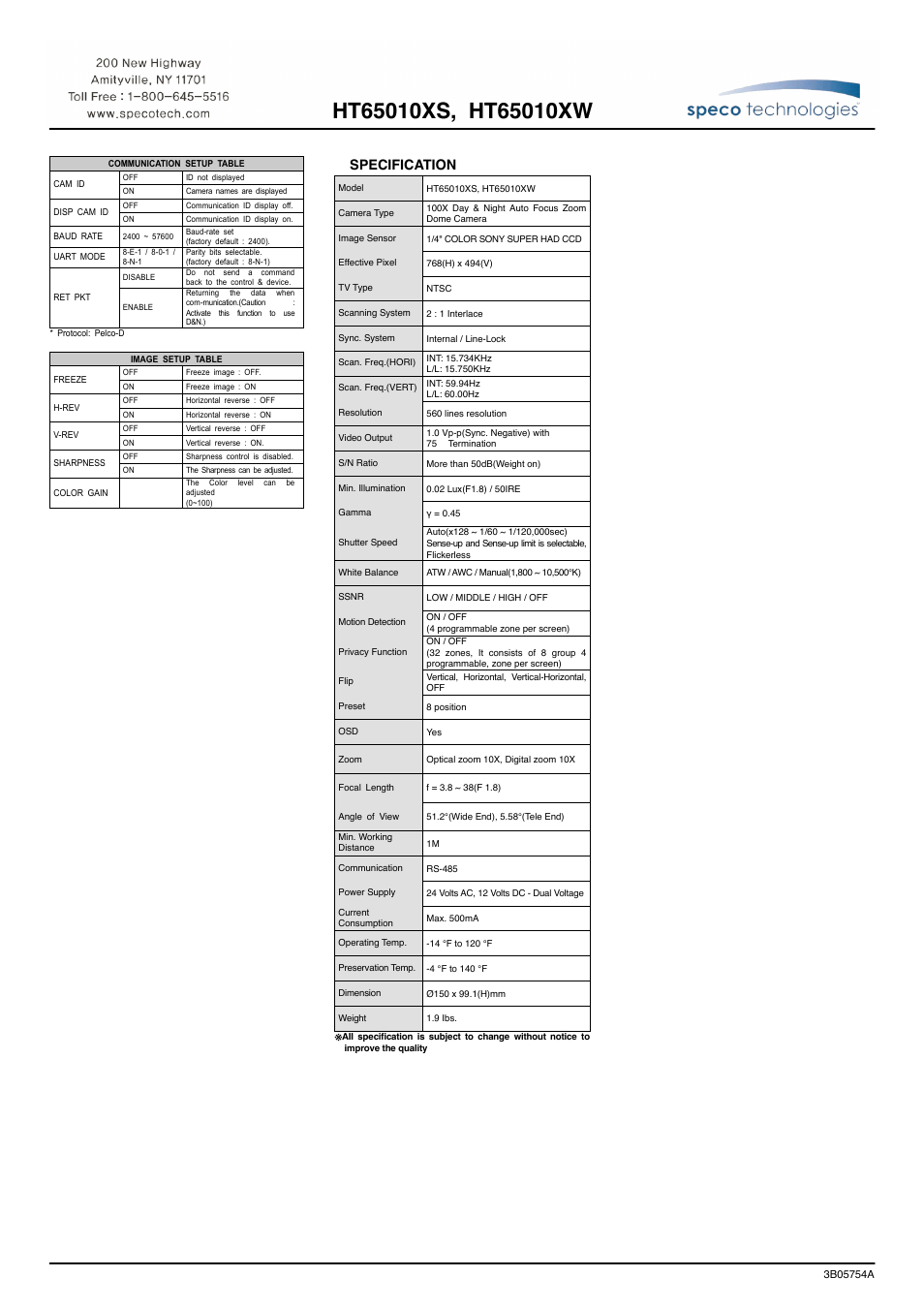 Specification | Speco Technologies HT65010XW User Manual | Page 2 / 2