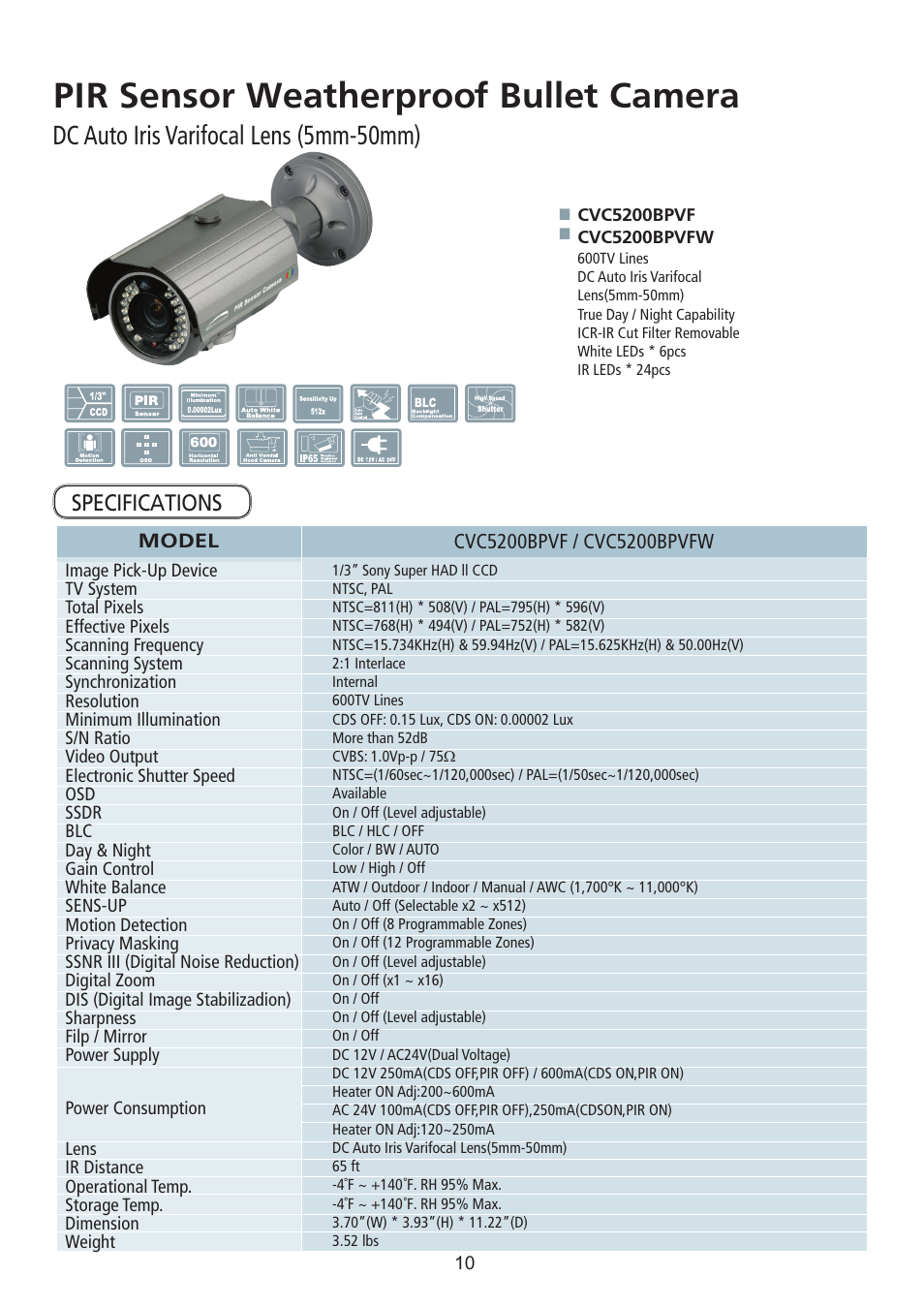 Pir sensor weatherproof bullet camera, Dc auto iris varifocal lens (5mm-50mm) | Speco Technologies PIR Sensor Camera CVC5200BPVFW User Manual | Page 11 / 32