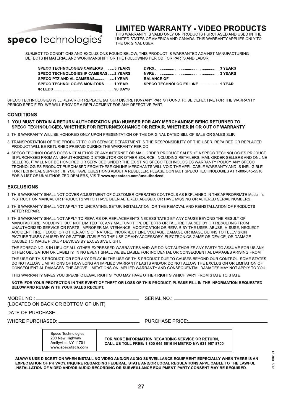Speco Technologies PIR Sensor Camera CVC5200BPVFW User Manual | Page 28 / 32