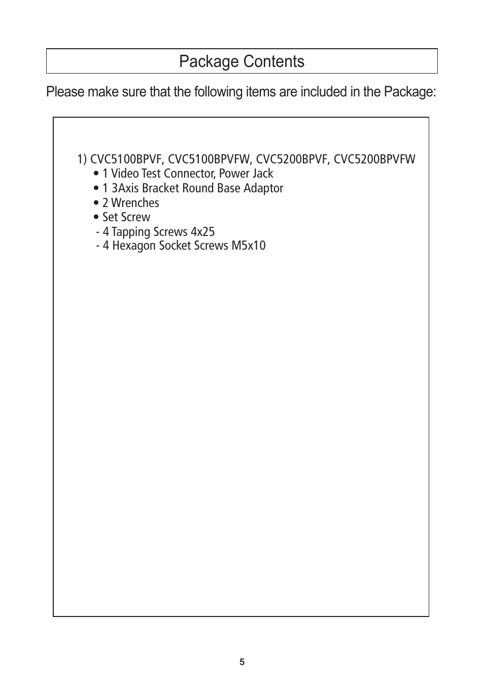 Package contents | Speco Technologies PIR Sensor Camera CVC5200BPVFW User Manual | Page 6 / 32