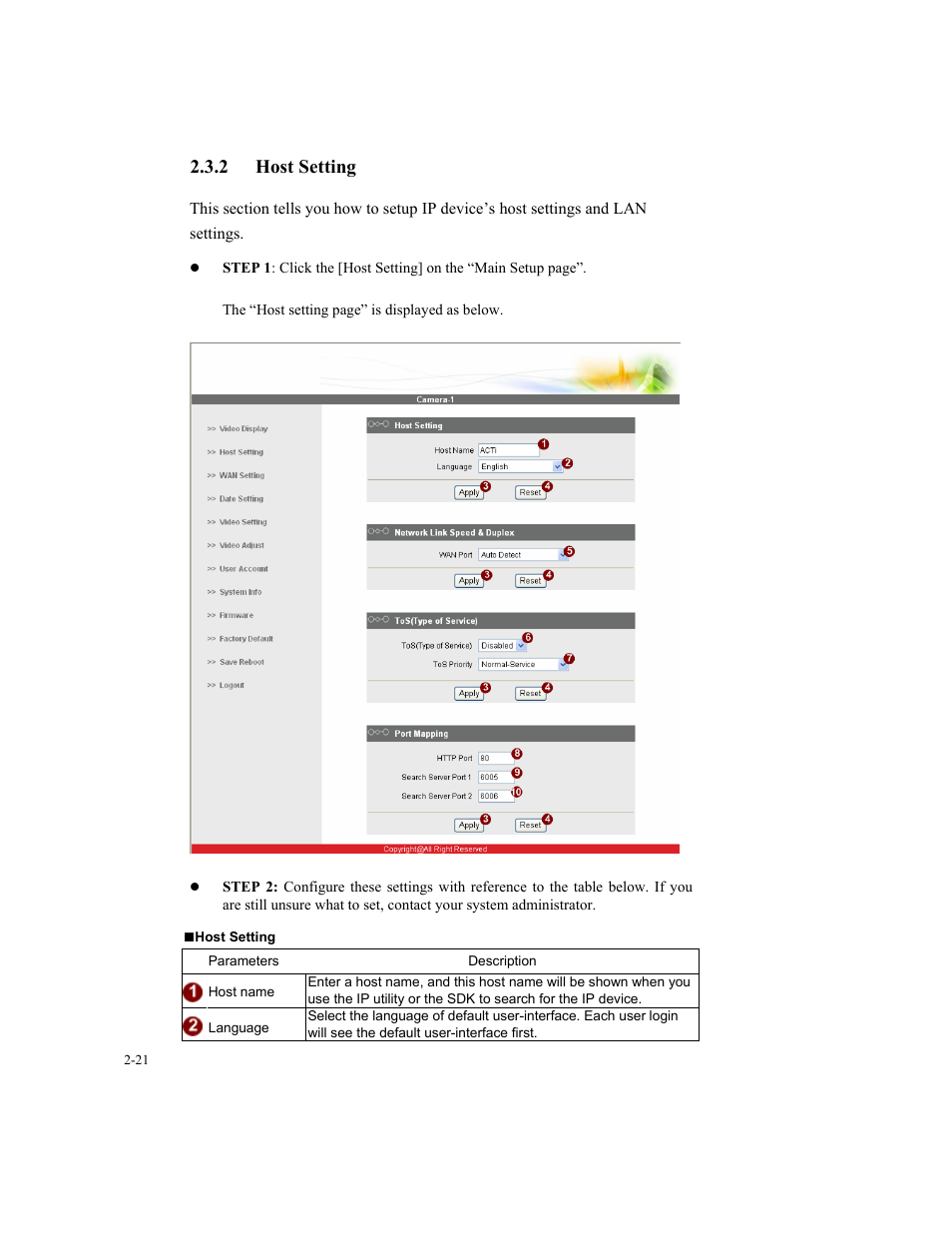 2 host setting | Speco Technologies SIPT5 User Manual | Page 25 / 104