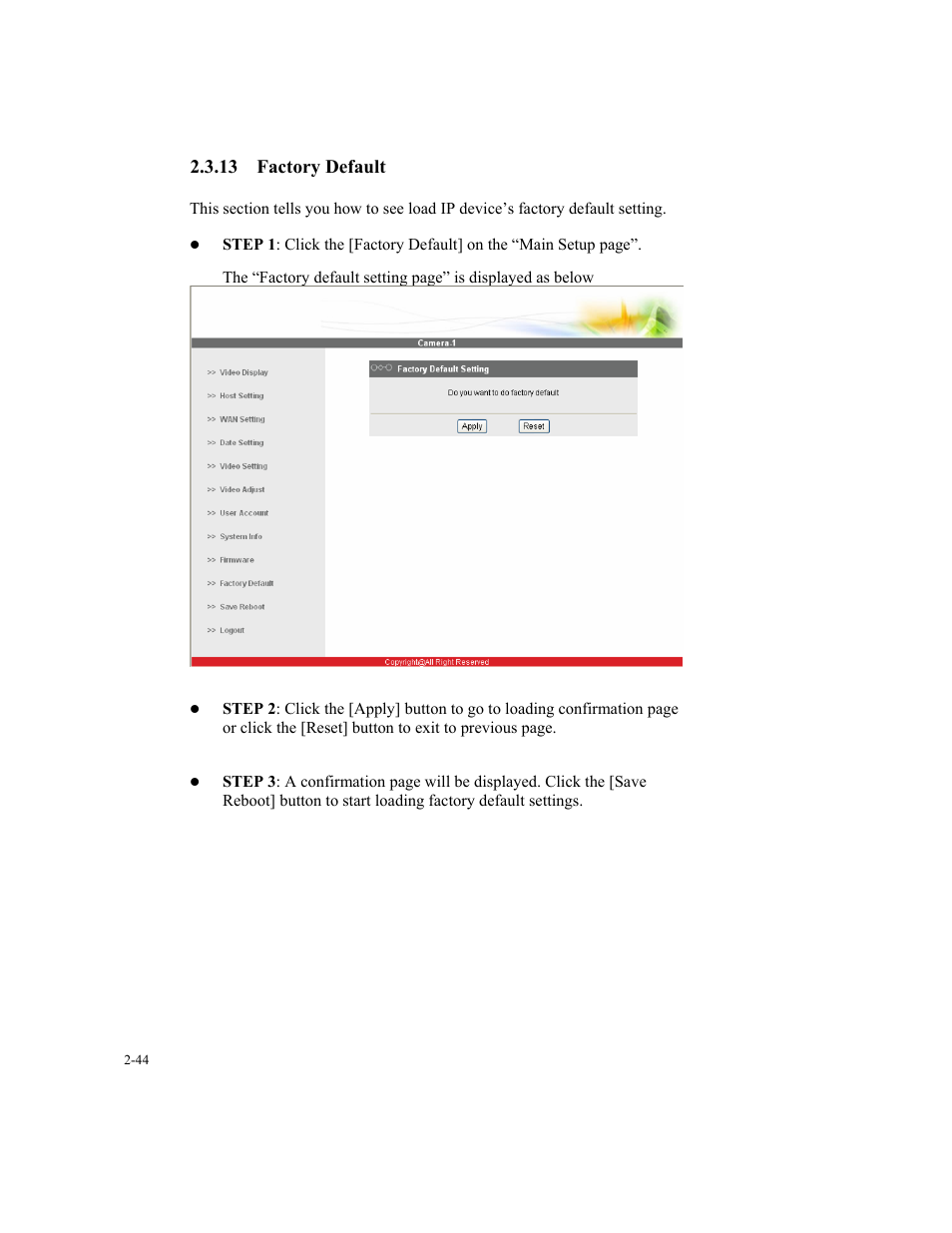 13 factory default | Speco Technologies SIPT5 User Manual | Page 48 / 104