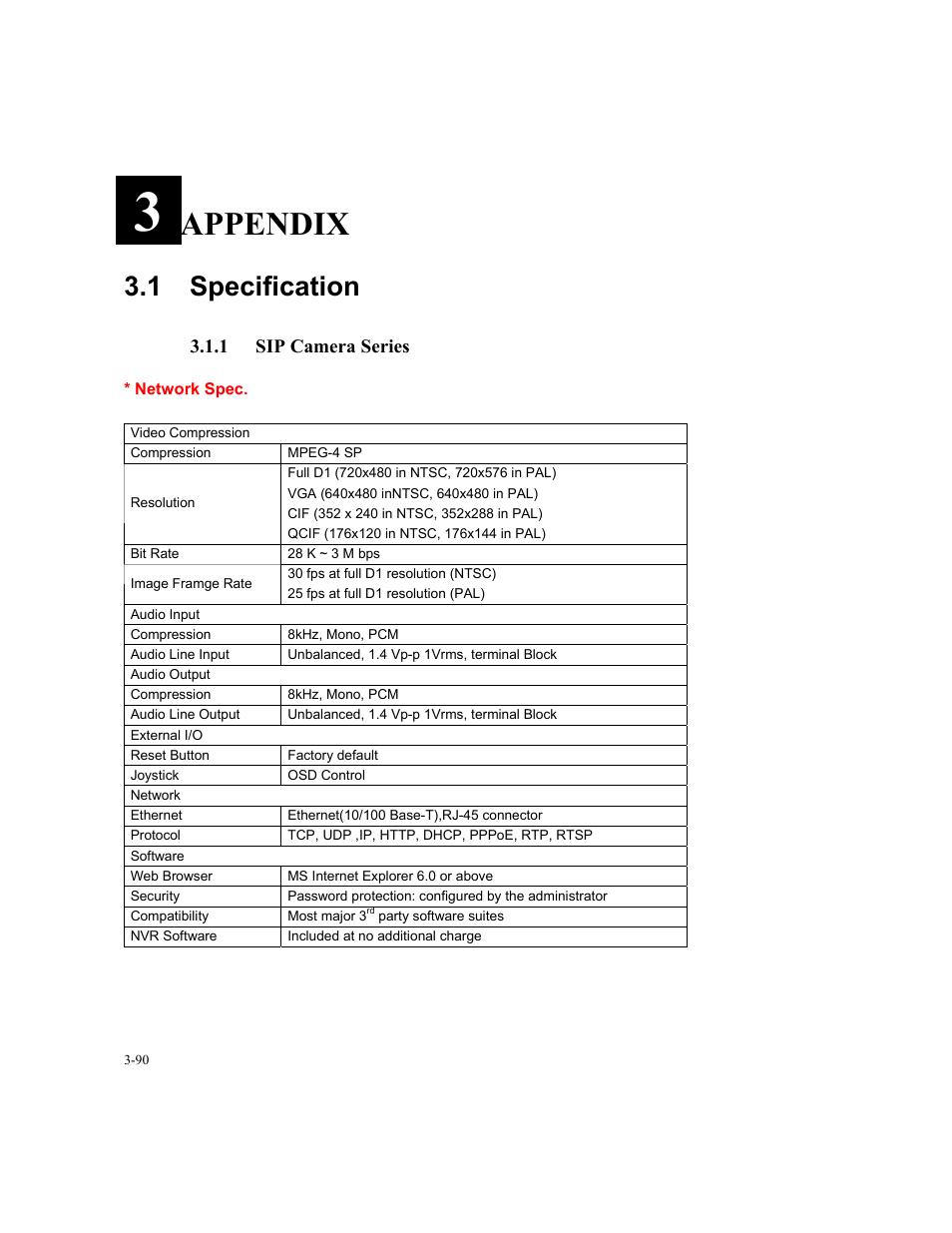 Appendix, 1 specification, 1 sip camera series | Speco Technologies SIPT5 User Manual | Page 94 / 104