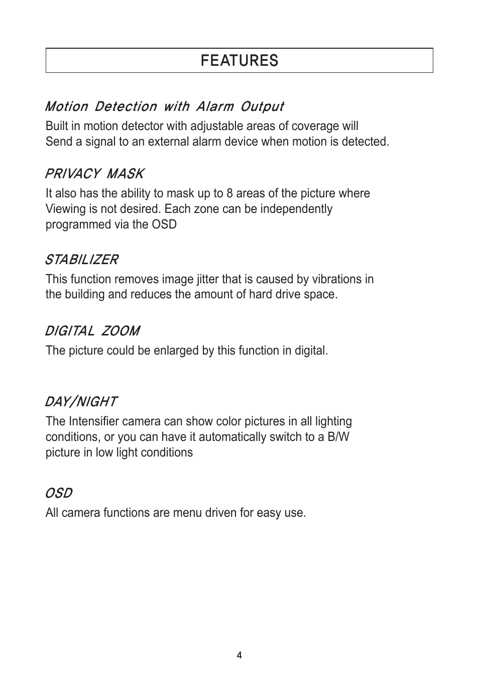 Features | Speco Technologies 650 Line Intensifier3 Series Weatherproof Camera CVC6246IHR User Manual | Page 14 / 32