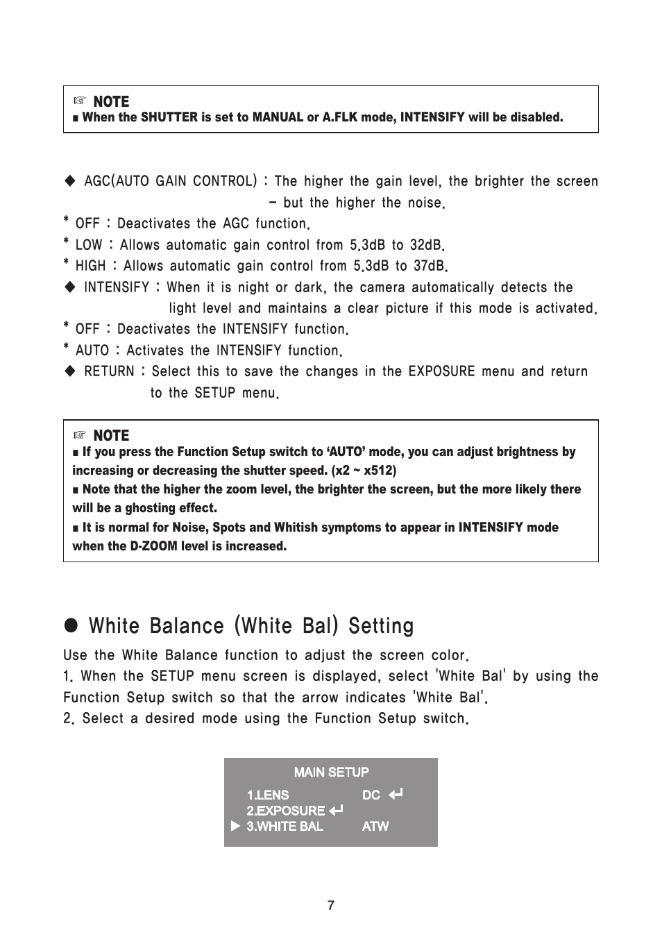 White balance (white bal) setting | Speco Technologies 650 Line Intensifier3 Series Weatherproof Camera CVC6246IHR User Manual | Page 17 / 32