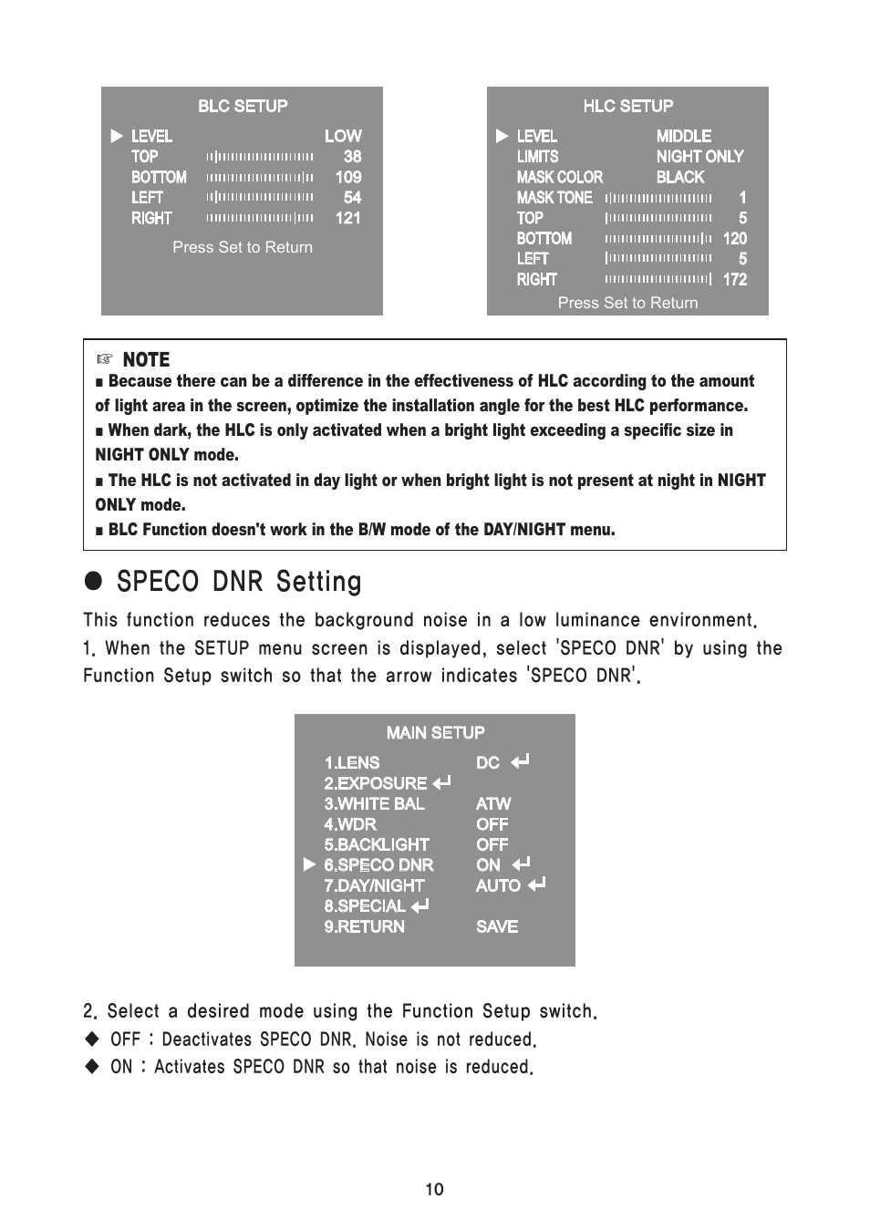 Speco dnr setting | Speco Technologies 650 Line Intensifier3 Series Weatherproof Camera CVC6246IHR User Manual | Page 20 / 32