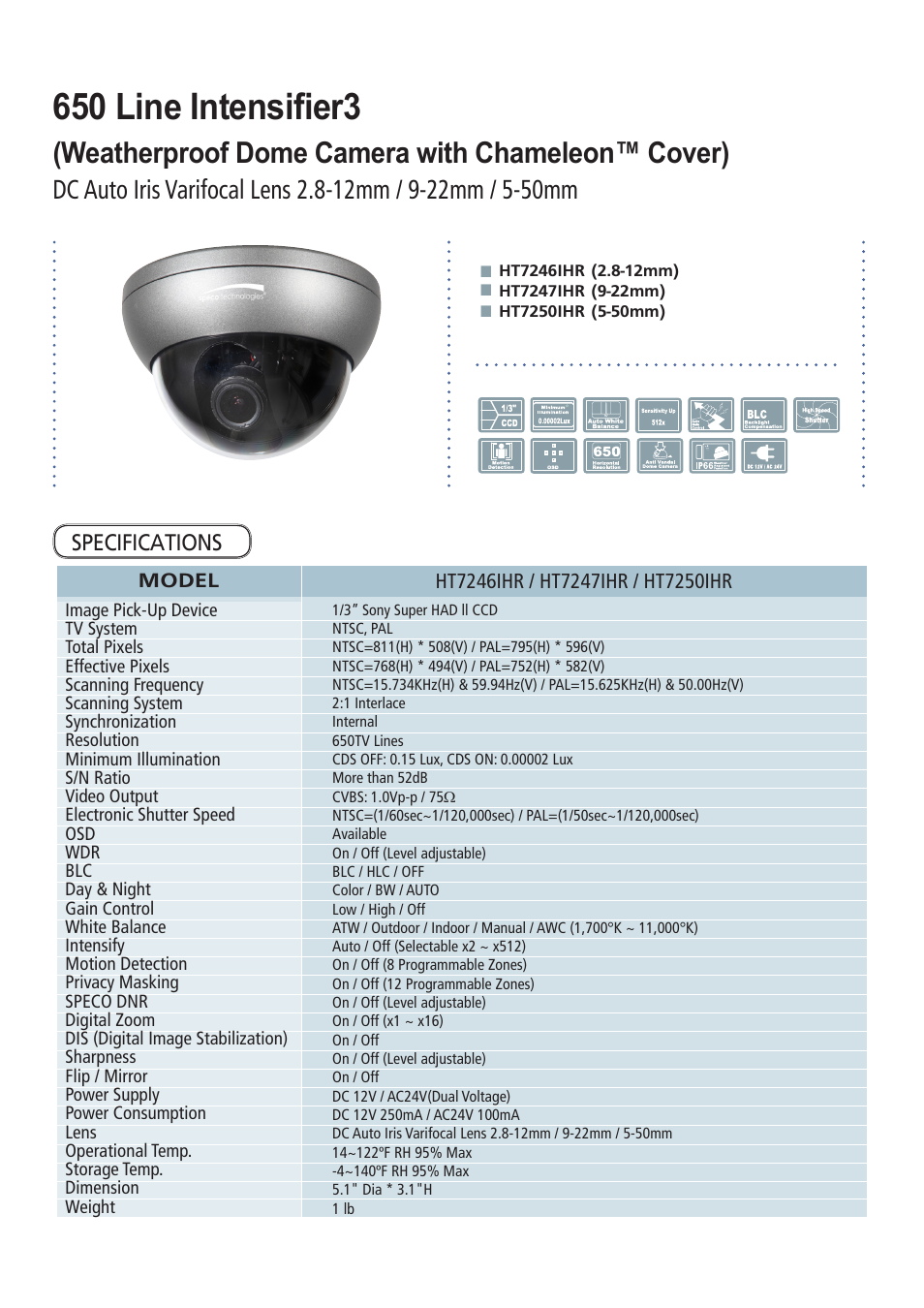 650 line intensifier3, Weatherproof dome camera with chameleon™ cover) | Speco Technologies 650 Line Intensifier3 Series Weatherproof Camera CVC6246IHR User Manual | Page 4 / 32