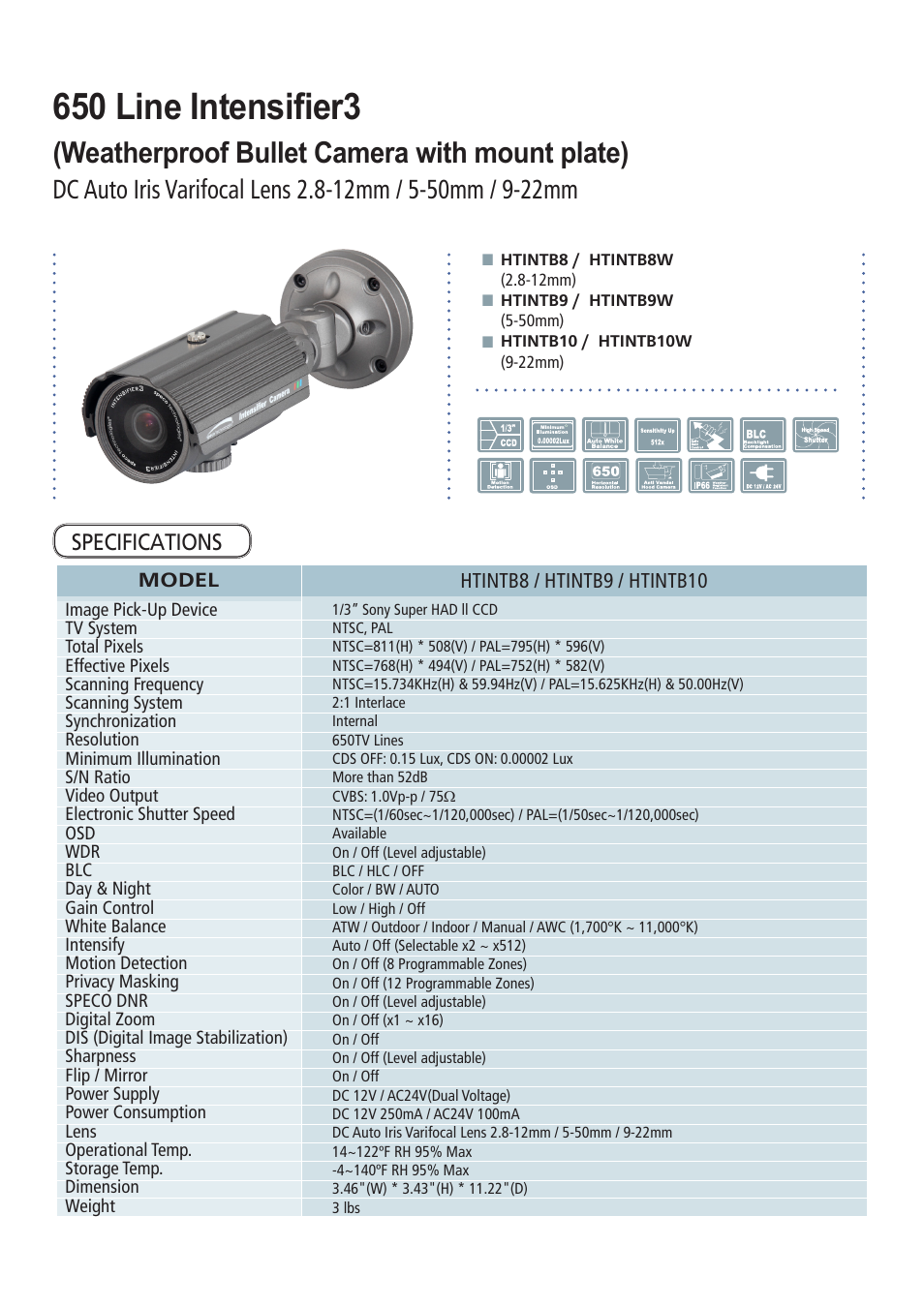 650 line intensifier3, Weatherproof bullet camera with mount plate) | Speco Technologies 650 Line Intensifier3 Series Weatherproof Camera CVC6246IHR User Manual | Page 5 / 32
