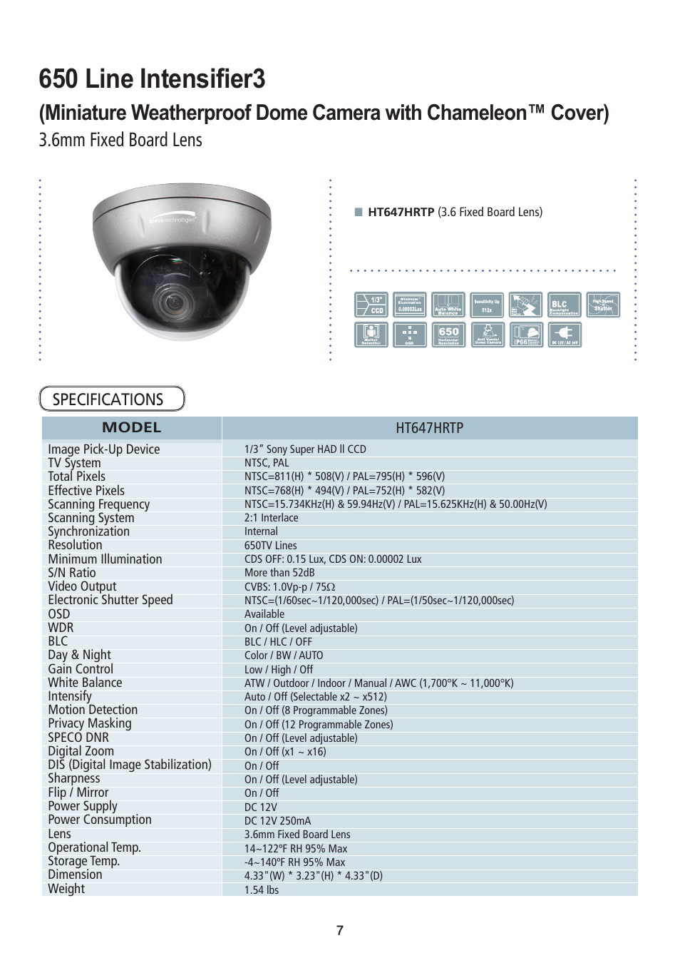 650 line intensifier3, 6mm fixed board lens | Speco Technologies 650 Line Intensifier3 Series Weatherproof Camera CVC6246IHR User Manual | Page 7 / 32