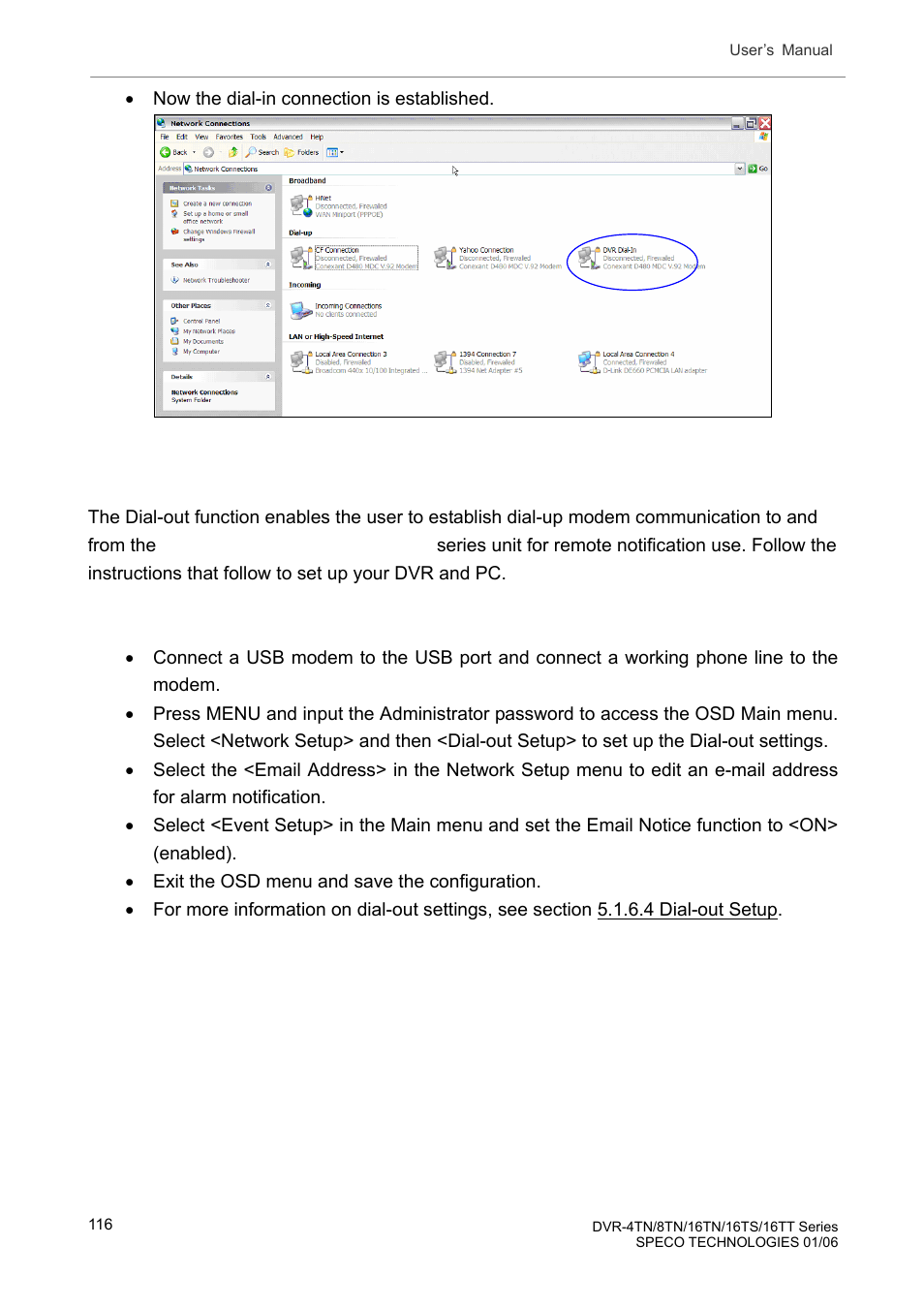 Establishing dial-out connection | Speco Technologies DVR-16TT User Manual | Page 117 / 139