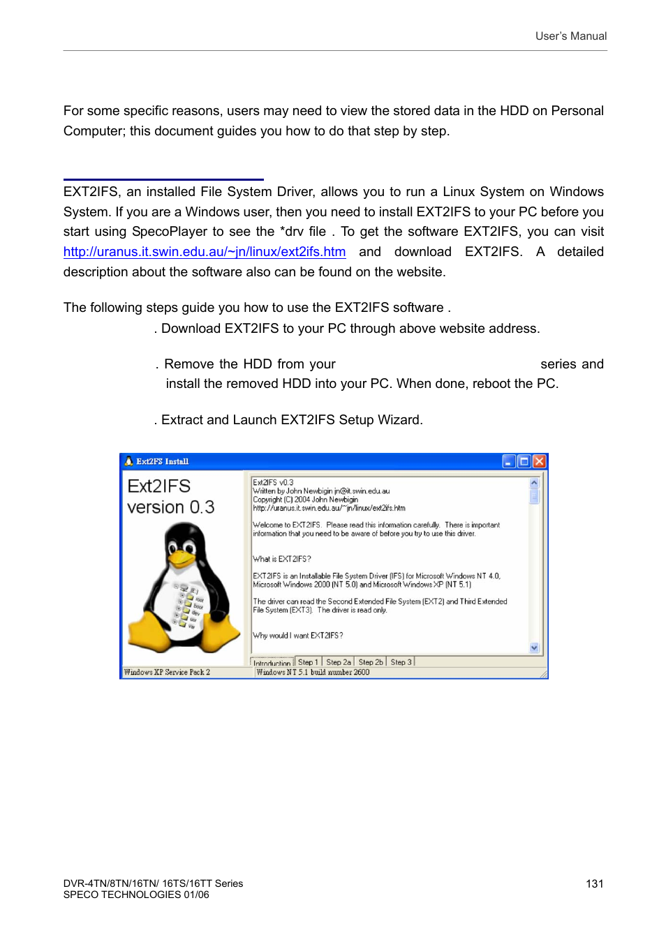 Appendix h: hdd pc player tool introduction, Using ext2ifs on your pc | Speco Technologies DVR-16TT User Manual | Page 132 / 139