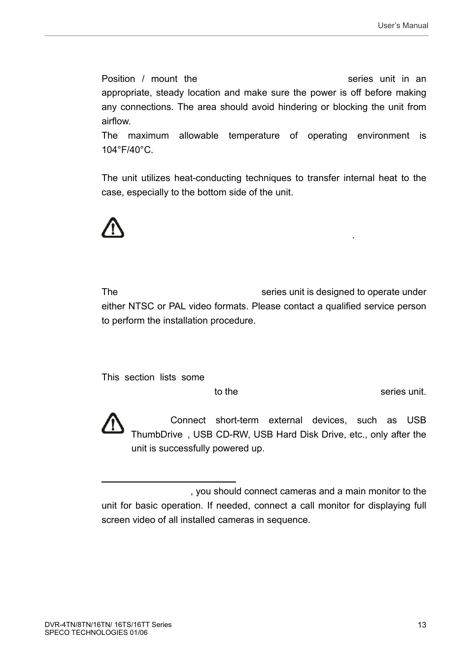 1 position the unit, 2 selecting video format, 3 connecting devices to the unit | Position the unit, Selecting video format, Connecting devices to the unit | Speco Technologies DVR-16TT User Manual | Page 14 / 139