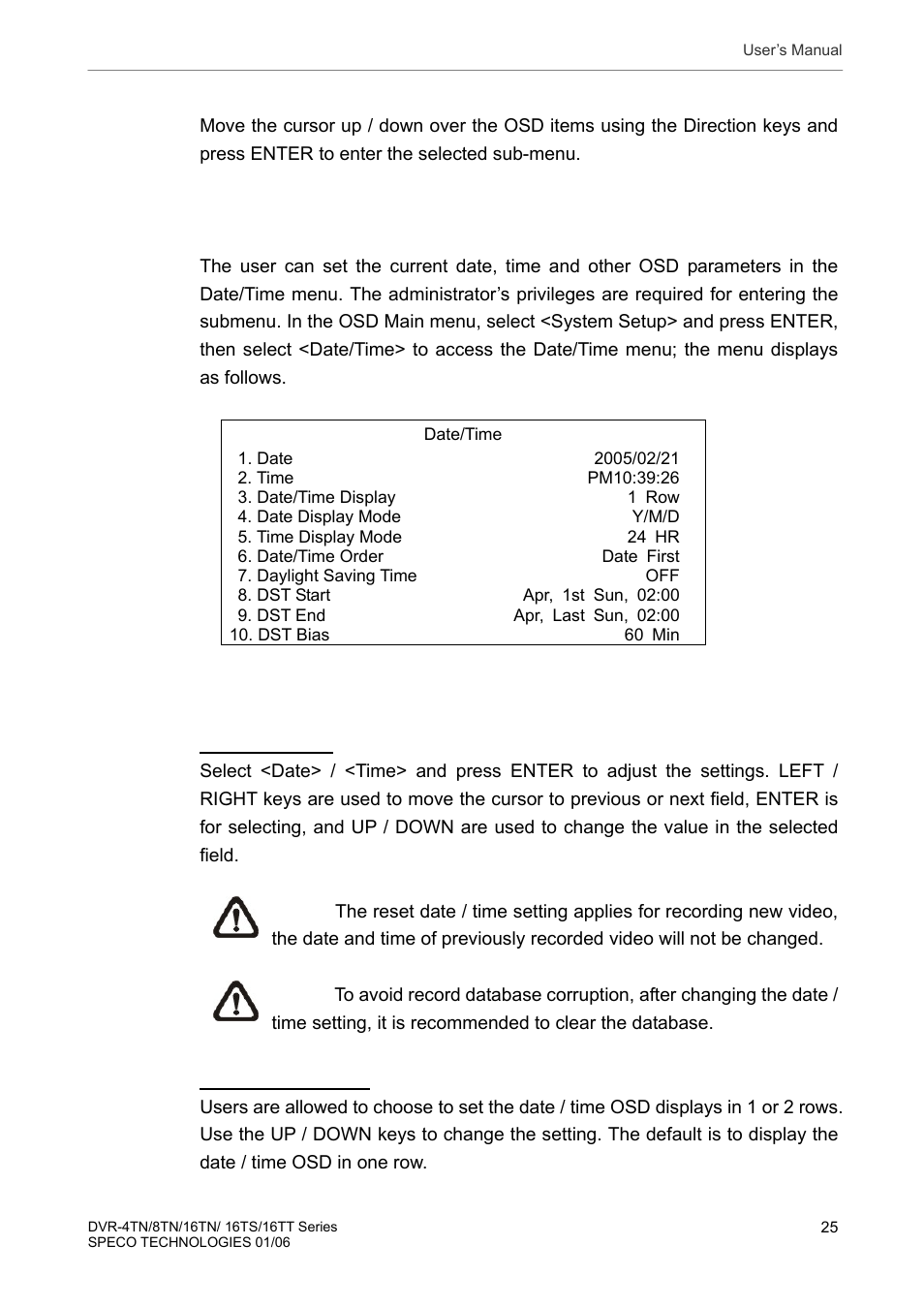 5 system date / time setting, 1 set date / time, System date / time setting | Set date / time | Speco Technologies DVR-16TT User Manual | Page 26 / 139