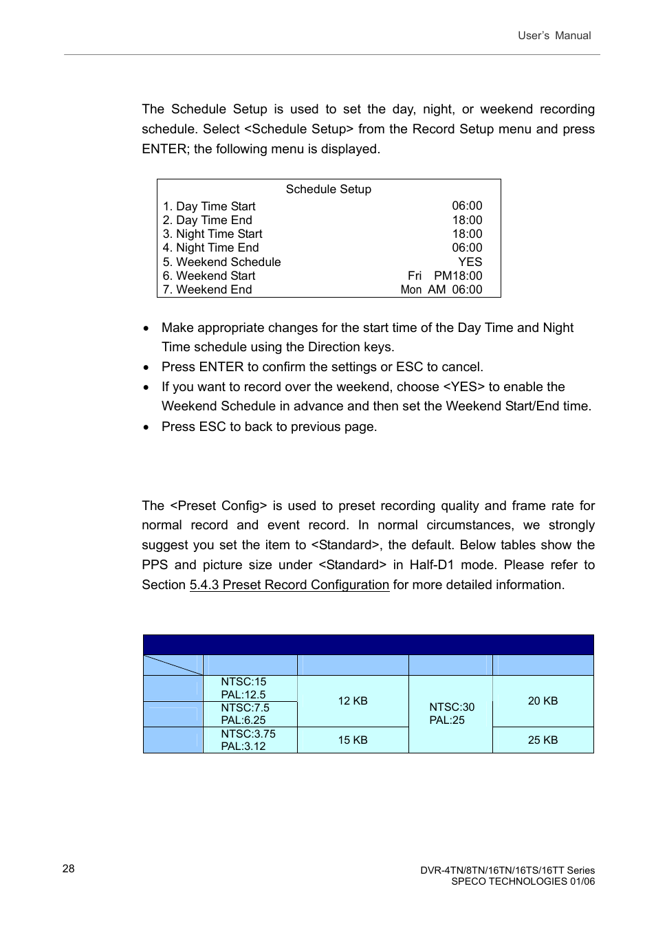 2 schedule setup, 3 preset record configuration, Schedule setup | Preset record configuration | Speco Technologies DVR-16TT User Manual | Page 29 / 139
