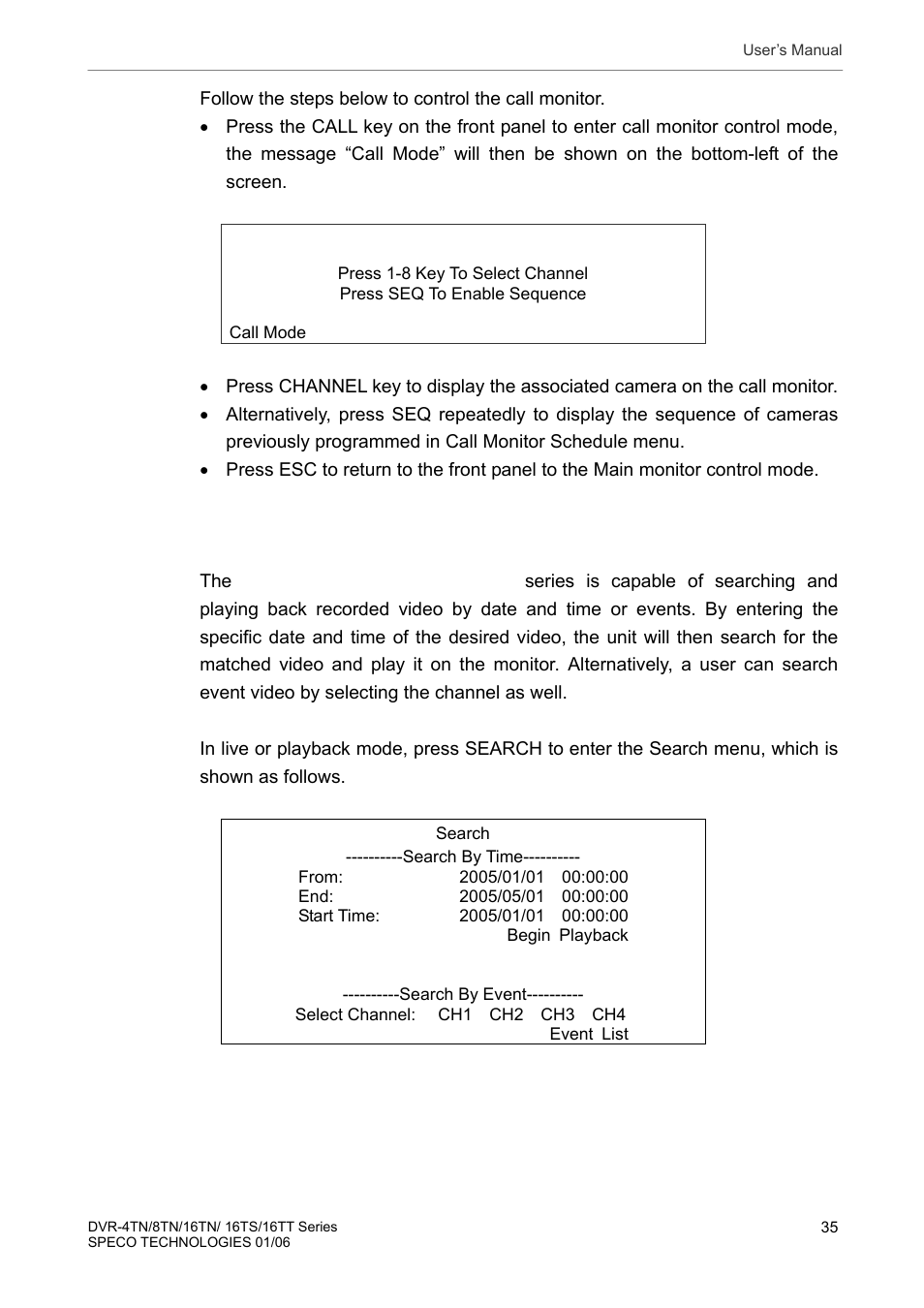 3 searching recorded video, Searching recorded video | Speco Technologies DVR-16TT User Manual | Page 36 / 139