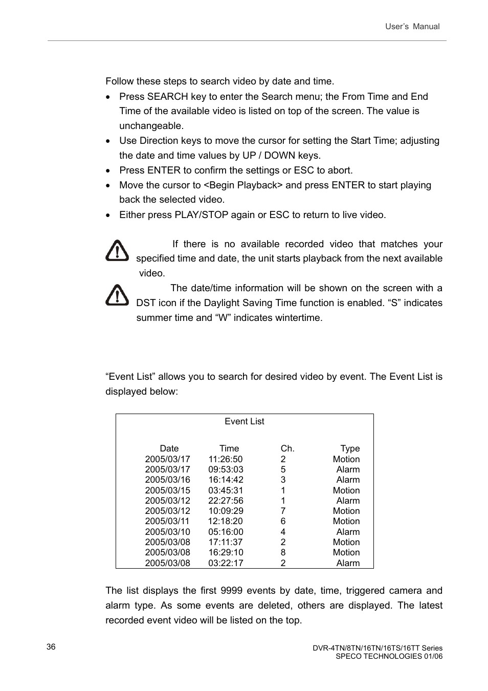 1 searching by time, 2 searching by event, Searching by time | Searching by event | Speco Technologies DVR-16TT User Manual | Page 37 / 139