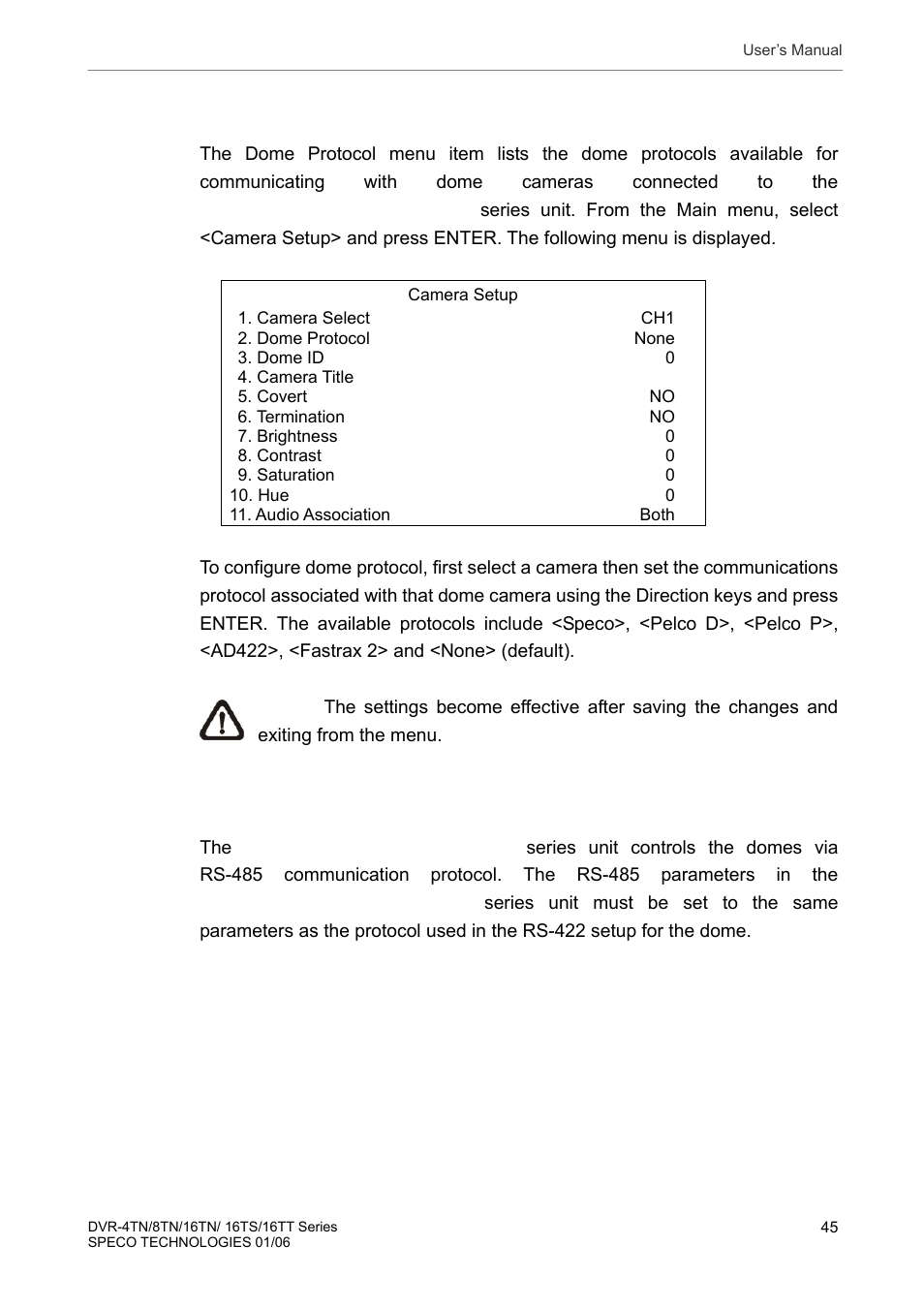 2 dome protocol setup, 3 rs485 setup, Dome protocol setup | Rs485 setup | Speco Technologies DVR-16TT User Manual | Page 46 / 139