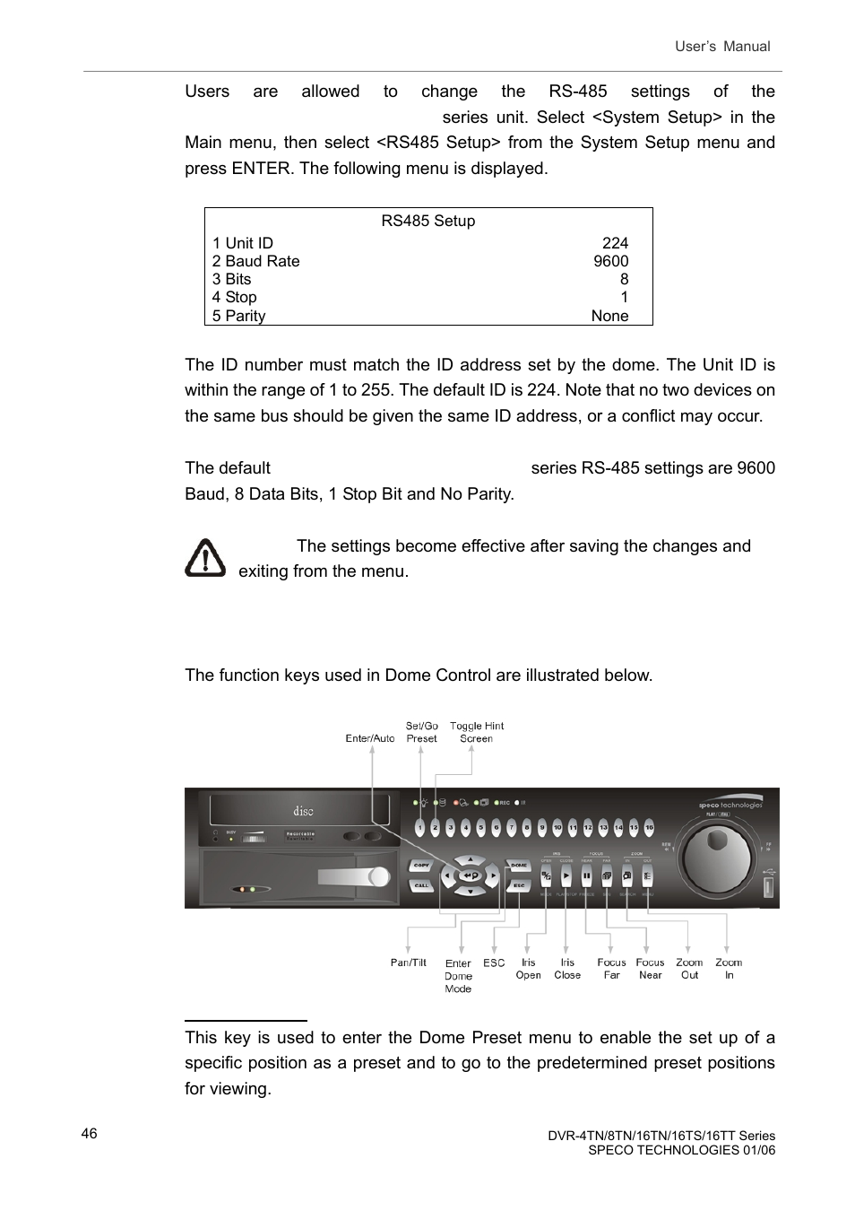 4 dome controlling key, Dome controlling key | Speco Technologies DVR-16TT User Manual | Page 47 / 139
