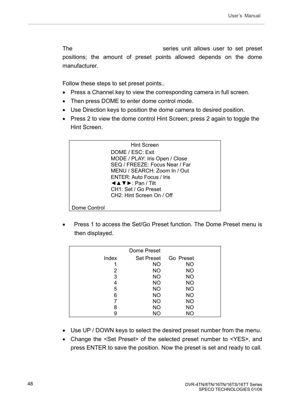 5 setting preset points, Setting preset points | Speco Technologies DVR-16TT User Manual | Page 49 / 139