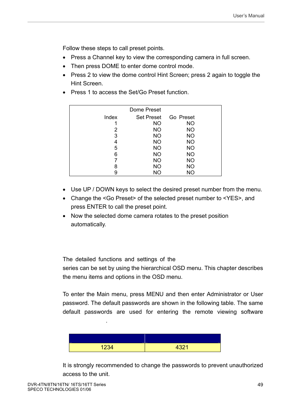 6 calling preset points, Advanced system configuration, Calling preset points | Speco Technologies DVR-16TT User Manual | Page 50 / 139