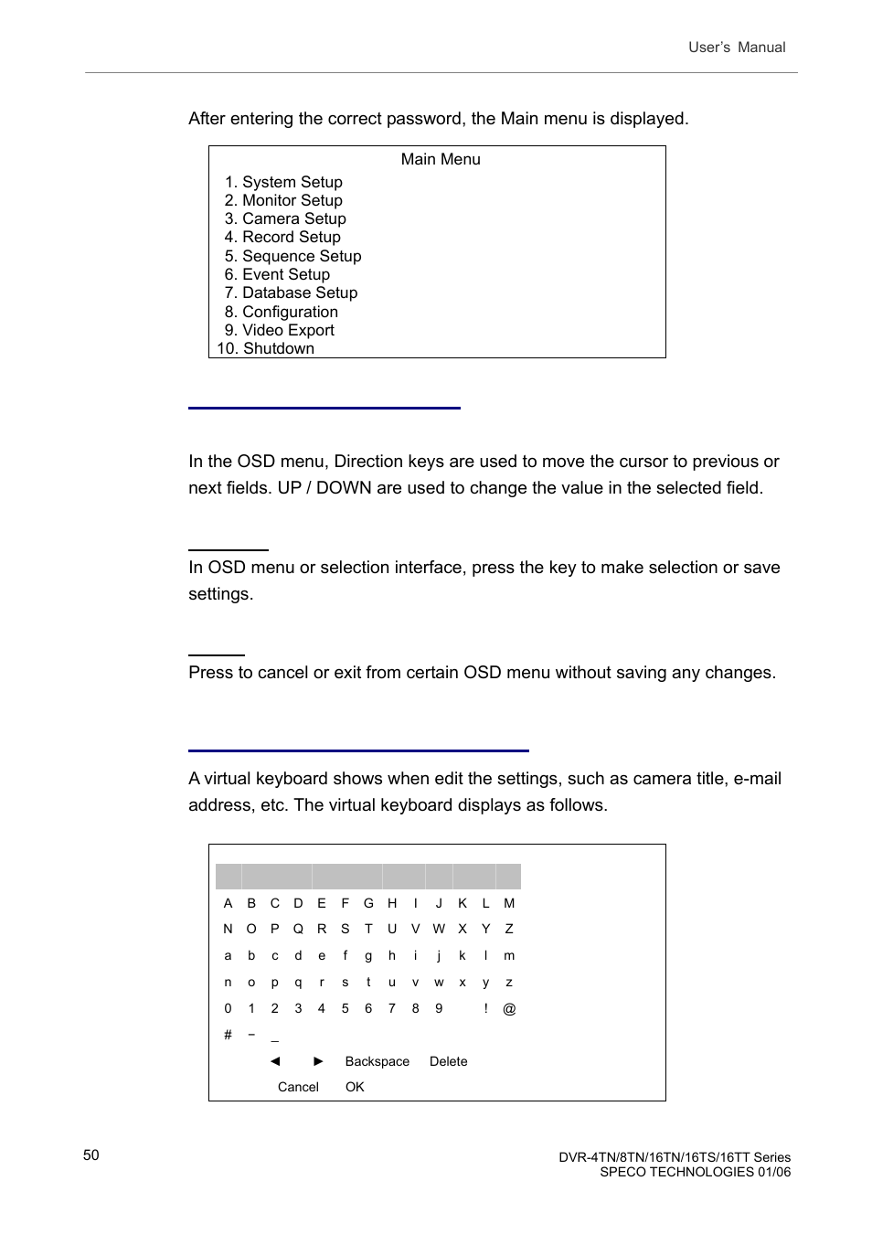 Key usage in osd menu, Key usage in virtual keyboard | Speco Technologies DVR-16TT User Manual | Page 51 / 139