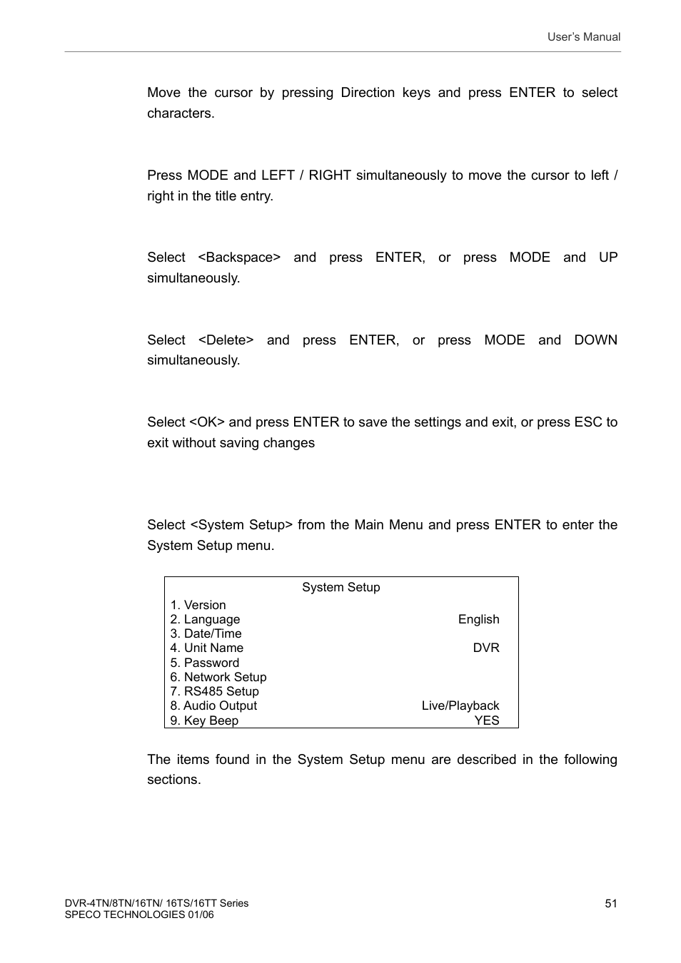 1 system setup, System setup | Speco Technologies DVR-16TT User Manual | Page 52 / 139