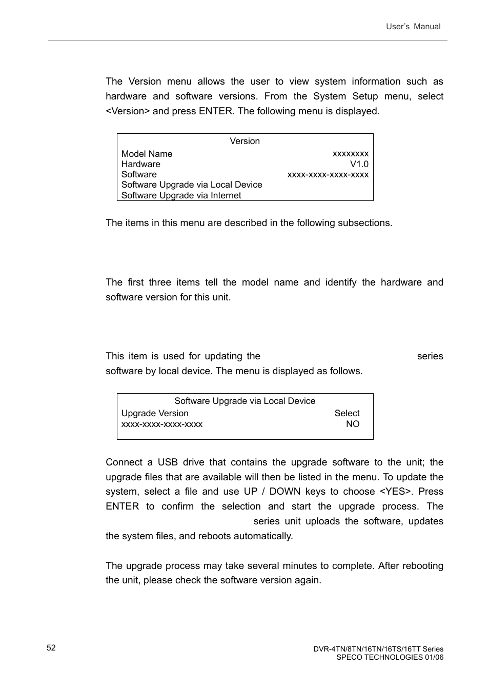 1 version, 1 model name & version, 2 software upgrade via local device | Version, Model name & version, Software upgrade via local device | Speco Technologies DVR-16TT User Manual | Page 53 / 139