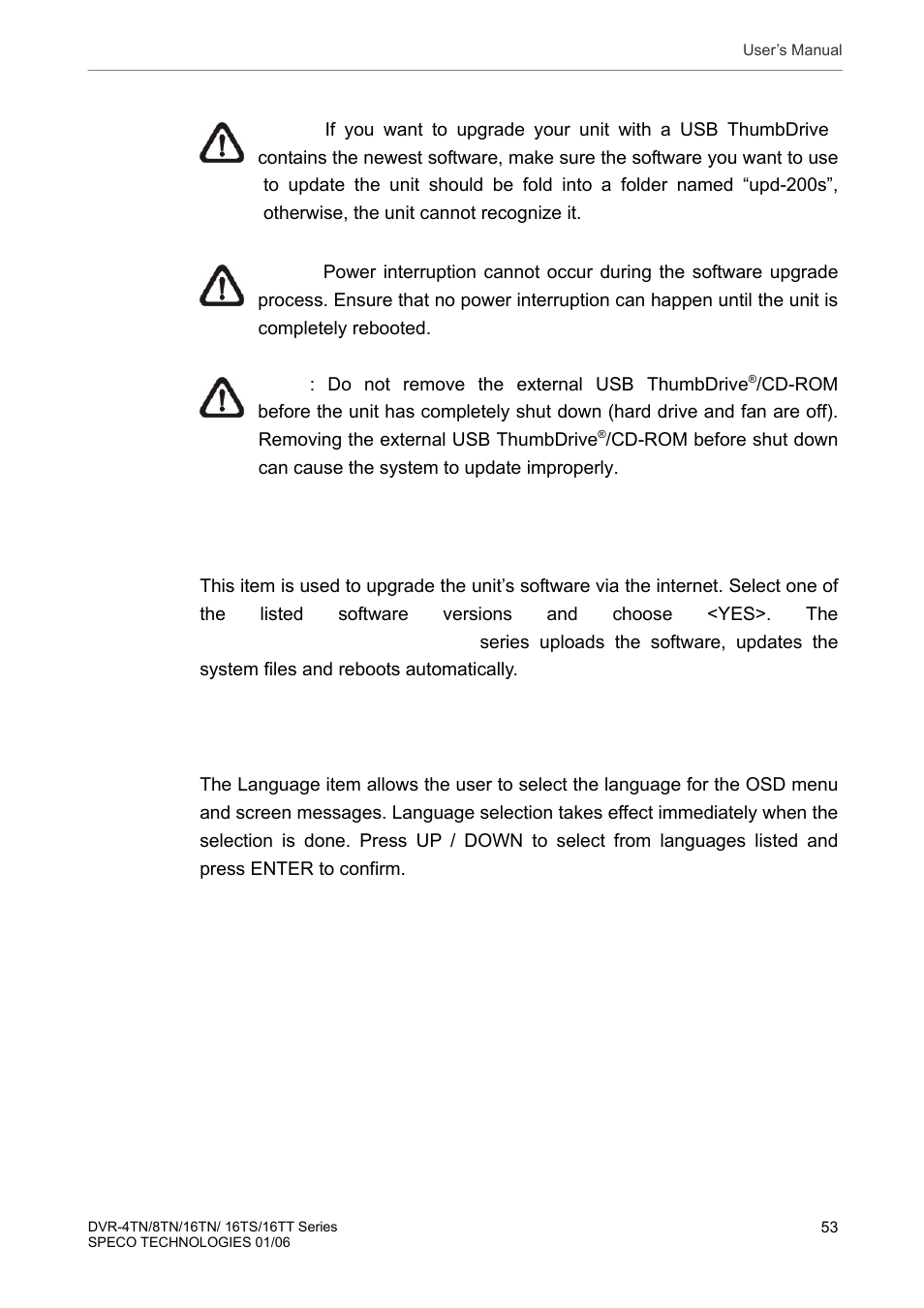 3 software upgrade via internet, 2 language, Software upgrade via internet | Language | Speco Technologies DVR-16TT User Manual | Page 54 / 139