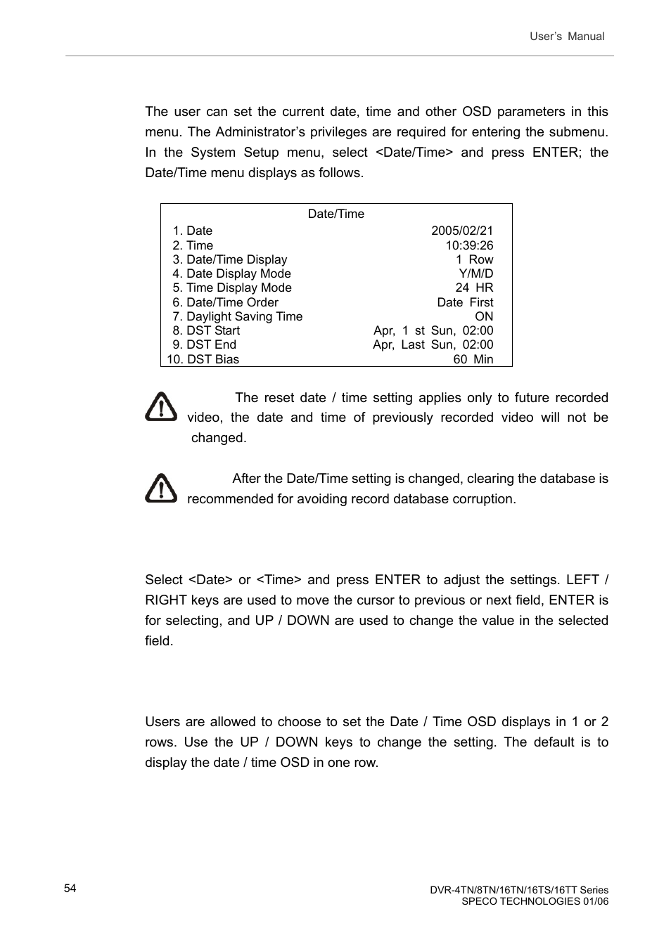 3 date / time, 1 date / time setting, 2 date / time display | Date / time, Date / time setting, Date / time display | Speco Technologies DVR-16TT User Manual | Page 55 / 139