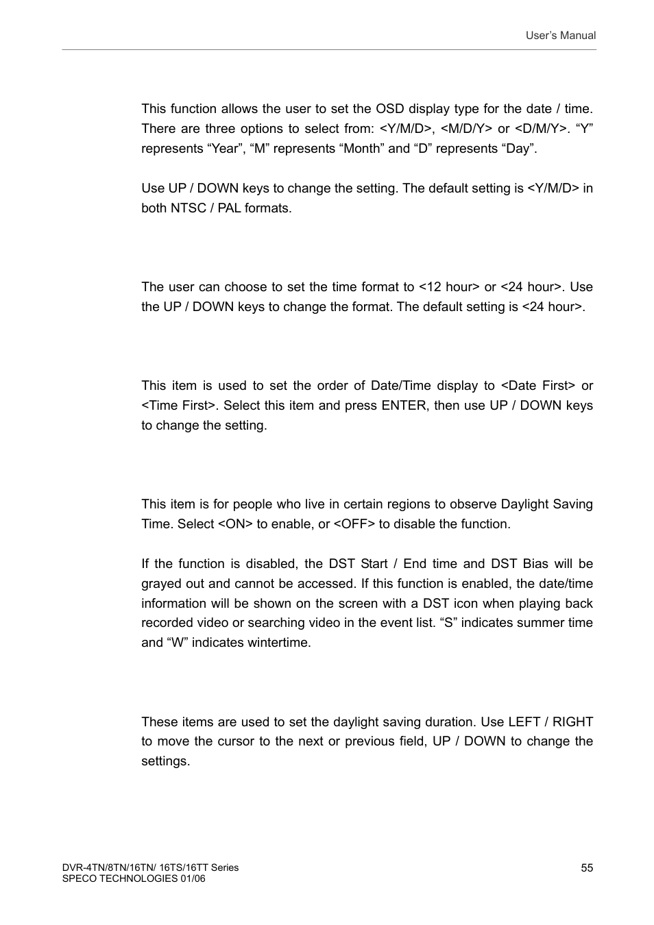 3 date display mode, 4 time display mode, 5 date/time order | 6 daylight saving time, 7 dst start / end, Date display mode, Time display mode, Date/time order, Daylight saving time, Dst start / end | Speco Technologies DVR-16TT User Manual | Page 56 / 139