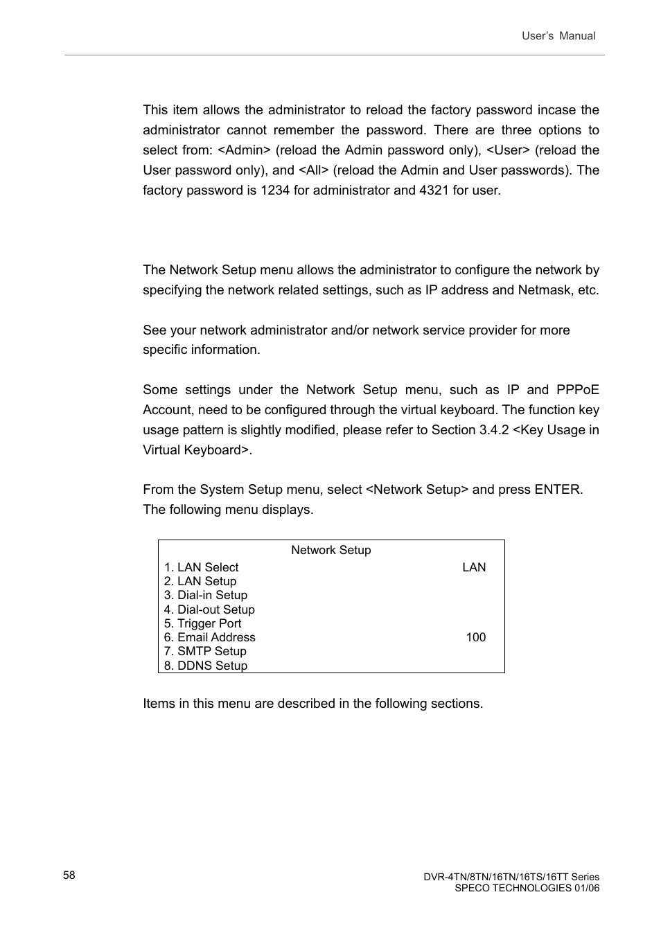 3 load factory password, 6 network setup, Load factory password | Network setup | Speco Technologies DVR-16TT User Manual | Page 59 / 139