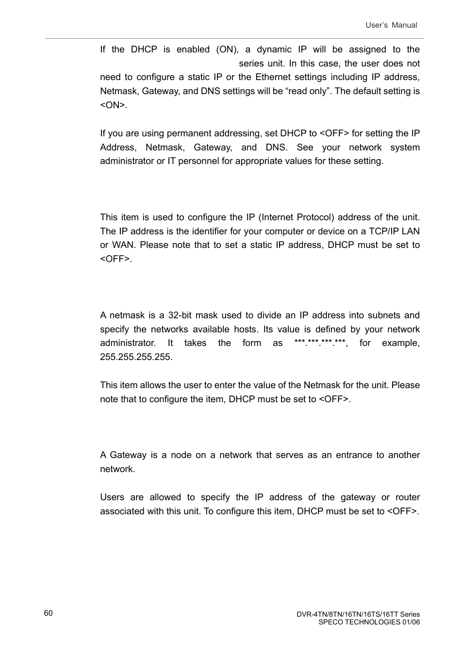 Netmask, Gateway | Speco Technologies DVR-16TT User Manual | Page 61 / 139