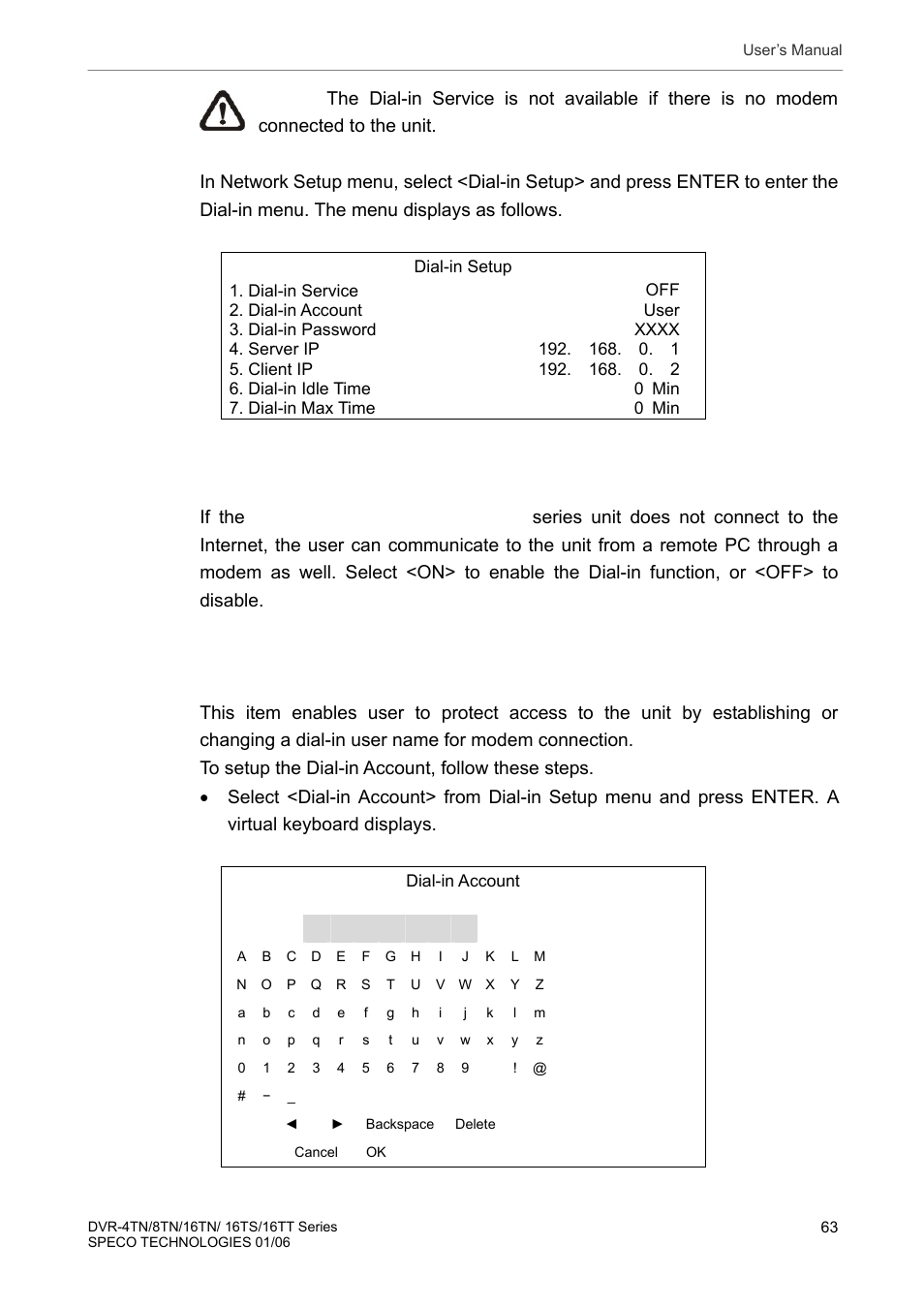 Dial-in service, Dial-in account | Speco Technologies DVR-16TT User Manual | Page 64 / 139