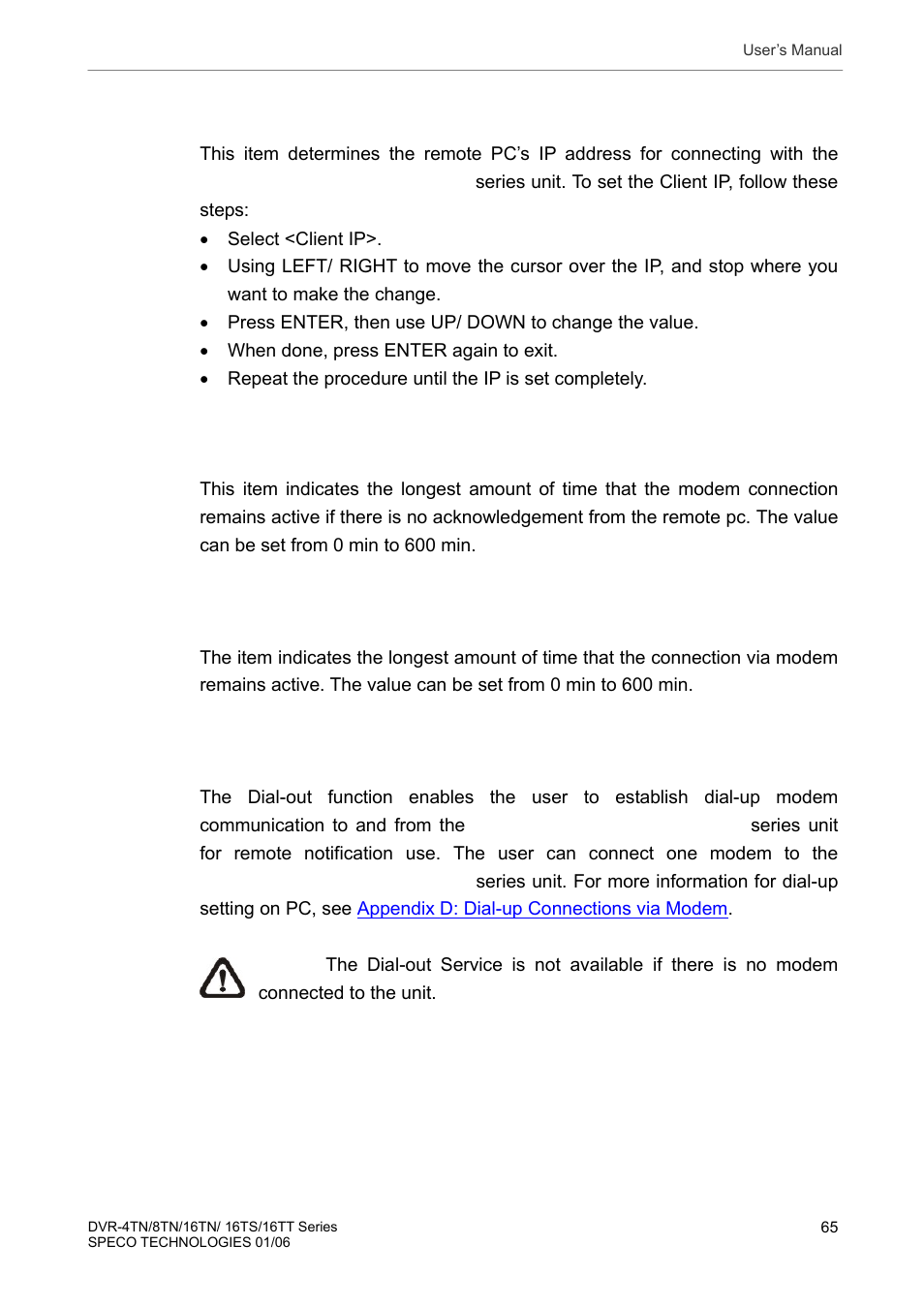 4 dial-out setup, Client ip, Dial-in idle time | Dial-in max time, Dial-out setup | Speco Technologies DVR-16TT User Manual | Page 66 / 139